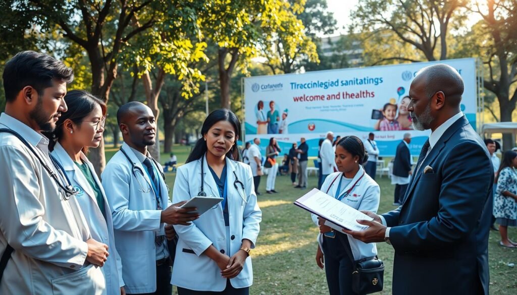 A health campaign scene overseen by the World Health Organization, featuring healthcare professionals in smart business attire engaged in discussions. In the foreground, a diverse group of healthcare workers, including a doctor, a nurse, and a public health official, reviewing data on a tablet. In the middle ground, a large banner displaying health messages, with imagery of vaccination and sanitation efforts. The background depicts a community outreach event in a park, featuring informational booths and families interacting with health professionals. Soft natural lighting filters through trees, creating a welcoming atmosphere. The overall mood is one of collaboration and commitment to public health. The scene is taken with a wide-angle lens to capture the vibrancy of the event and the dedication of the participants. A health campaign scene overseen by the World Health Organization, featuring healthcare professionals in smart business attire engaged in discussions. In the foreground, a diverse group of healthcare workers, including a doctor, a nurse, and a public health official, reviewing data on a tablet. In the middle ground, a large banner displaying health messages, with imagery of vaccination and sanitation efforts. The background depicts a community outreach event in a park, featuring informational booths and families interacting with health professionals. Soft natural lighting filters through trees, creating a welcoming atmosphere. The overall mood is one of collaboration and commitment to public health. The scene is taken with a wide-angle lens to capture the vibrancy of the event and the dedication of the participants.