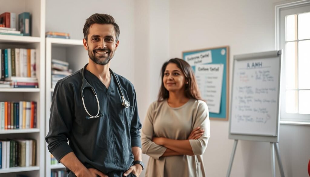 A healthcare professional standing confidently in a well-lit clinic in Morocco, discussing with a patient about anti-Müllerian hormone (AMH) testing. The foregroud features the doctor in professional attire, with a stethoscope around their neck, displaying a caring expression. In the middle, a patient attentively listening, dressed in modest casual clothing, with a contemplative look on their face. The background showcases shelves filled with medical books, a whiteboard with notes about AMH, and a window with natural light illuminating the scene. The atmosphere feels warm, supportive, and informative, conveying a sense of shared experiences and practical insights related to AMH testing in Morocco. The composition utilizes a slight depth of field to enhance focus on the subjects while retaining context. A healthcare professional standing confidently in a well-lit clinic in Morocco, discussing with a patient about anti-Müllerian hormone (AMH) testing. The foregroud features the doctor in professional attire, with a stethoscope around their neck, displaying a caring expression. In the middle, a patient attentively listening, dressed in modest casual clothing, with a contemplative look on their face. The background showcases shelves filled with medical books, a whiteboard with notes about AMH, and a window with natural light illuminating the scene. The atmosphere feels warm, supportive, and informative, conveying a sense of shared experiences and practical insights related to AMH testing in Morocco. The composition utilizes a slight depth of field to enhance focus on the subjects while retaining context.