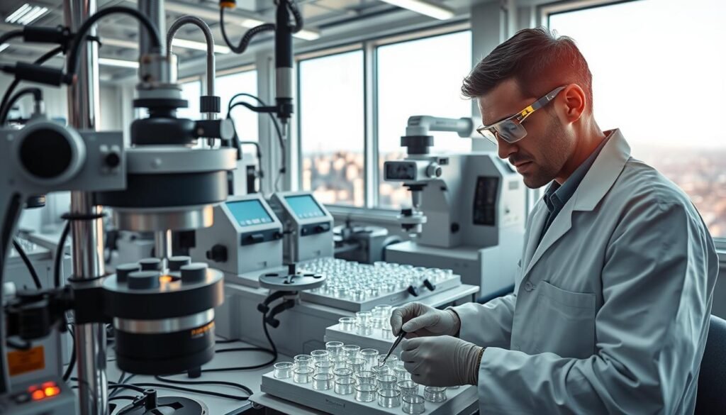 A high-tech laboratory environment showcasing the precision technology used in the manufacturing of contact lenses in Morocco. In the foreground, a scientist in professional attire, wearing safety goggles, meticulously examines contact lens molds using advanced machinery and tools. In the middle, an array of modern equipment is displayed, including optical measuring devices and intricate lens-cutting machines, glimmering under bright, sterile LED lighting. The background features large windows that reveal a panoramic view of a Moroccan cityscape, adding a local touch. The atmosphere is one of innovation and focus, emphasizing the cutting-edge nature of optical technology. The image captures a harmonious blend of science and artistry in the field of optics. A high-tech laboratory environment showcasing the precision technology used in the manufacturing of contact lenses in Morocco. In the foreground, a scientist in professional attire, wearing safety goggles, meticulously examines contact lens molds using advanced machinery and tools. In the middle, an array of modern equipment is displayed, including optical measuring devices and intricate lens-cutting machines, glimmering under bright, sterile LED lighting. The background features large windows that reveal a panoramic view of a Moroccan cityscape, adding a local touch. The atmosphere is one of innovation and focus, emphasizing the cutting-edge nature of optical technology. The image captures a harmonious blend of science and artistry in the field of optics.