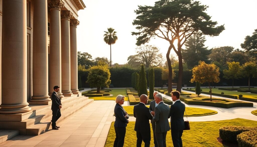 A historic scene depicting the evolution of the Mediator Institution, showcasing a grand, classical building in the foreground with elegant architectural details such as columns and large windows. In the middle ground, a diverse group of professional individuals in business attire engages in discussion, symbolizing collaboration and mediation. The background features lush gardens with well-kept trees and pathways, bathed in soft, warm sunlight that creates a serene and inviting atmosphere. The angle should be slightly elevated, providing a perspective that captures both the building's grandeur and the human interactions, evoking a sense of history, progress, and community. The overall mood is reflective and respectful, highlighting the institution's significance in society. A historic scene depicting the evolution of the Mediator Institution, showcasing a grand, classical building in the foreground with elegant architectural details such as columns and large windows. In the middle ground, a diverse group of professional individuals in business attire engages in discussion, symbolizing collaboration and mediation. The background features lush gardens with well-kept trees and pathways, bathed in soft, warm sunlight that creates a serene and inviting atmosphere. The angle should be slightly elevated, providing a perspective that captures both the building's grandeur and the human interactions, evoking a sense of history, progress, and community. The overall mood is reflective and respectful, highlighting the institution's significance in society.