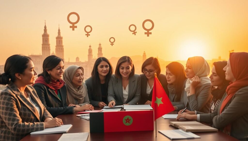 A historical and symbolic representation of the founding of the Association Démocratique des Femmes du Maroc (ADFM). In the foreground, a diverse group of women, dressed in professional business attire, engage in a passionate discussion around a table filled with documents and a Moroccan flag. Their expressions reflect determination and unity. In the middle ground, a backdrop of iconic Moroccan architecture signifies the cultural context, subtly blending with illustrations of feminist symbols, like the female gender sign. The background features a warm sunset casting a golden glow, creating a sense of hope and progress. The composition should evoke a mood of empowerment and collaboration, captured with soft, natural lighting to enhance the heartfelt atmosphere, using a slightly elevated angle to capture the group's dynamic interaction. A historical and symbolic representation of the founding of the Association Démocratique des Femmes du Maroc (ADFM). In the foreground, a diverse group of women, dressed in professional business attire, engage in a passionate discussion around a table filled with documents and a Moroccan flag. Their expressions reflect determination and unity. In the middle ground, a backdrop of iconic Moroccan architecture signifies the cultural context, subtly blending with illustrations of feminist symbols, like the female gender sign. The background features a warm sunset casting a golden glow, creating a sense of hope and progress. The composition should evoke a mood of empowerment and collaboration, captured with soft, natural lighting to enhance the heartfelt atmosphere, using a slightly elevated angle to capture the group's dynamic interaction.