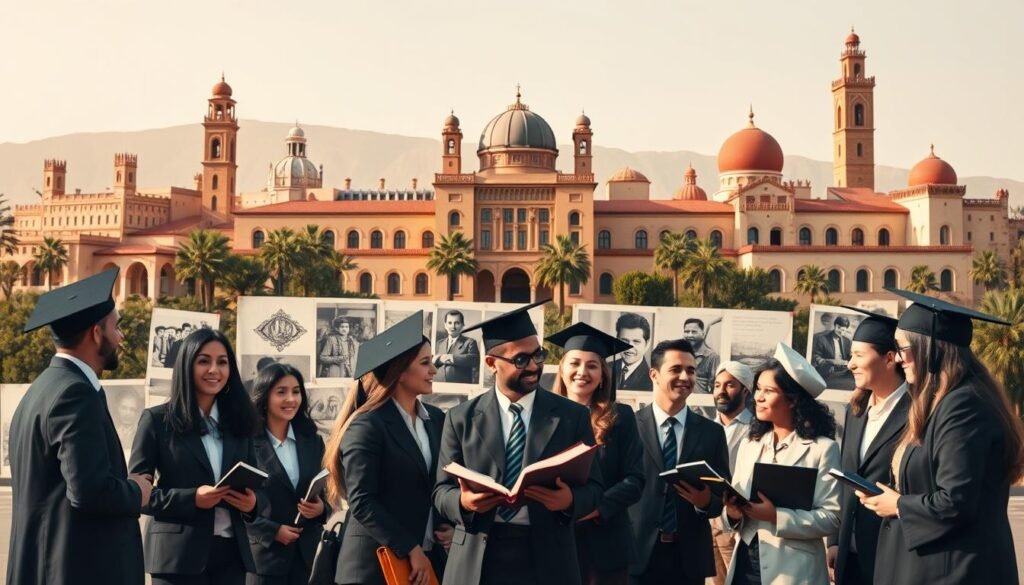 A historical collage illustrating the evolution of Université Sidi Mohamed Ben Abdellah, featuring prominent architectural landmarks of the campus in the background, showcasing modern and traditional Moroccan architectural styles. In the foreground, diverse students dressed in professional business attire are engaged in collaborative discussions, symbolizing academic growth and community. The middle layer includes historical photographs and artifacts like old books, graduation caps, and university logos, blending seamlessly into the scene. The lighting should be warm and inviting, with a soft focus to create an inspiring and uplifting atmosphere. Capture the essence of progress and tradition with a slightly elevated angle to provide depth and perspective. A historical collage illustrating the evolution of Université Sidi Mohamed Ben Abdellah, featuring prominent architectural landmarks of the campus in the background, showcasing modern and traditional Moroccan architectural styles. In the foreground, diverse students dressed in professional business attire are engaged in collaborative discussions, symbolizing academic growth and community. The middle layer includes historical photographs and artifacts like old books, graduation caps, and university logos, blending seamlessly into the scene. The lighting should be warm and inviting, with a soft focus to create an inspiring and uplifting atmosphere. Capture the essence of progress and tradition with a slightly elevated angle to provide depth and perspective.