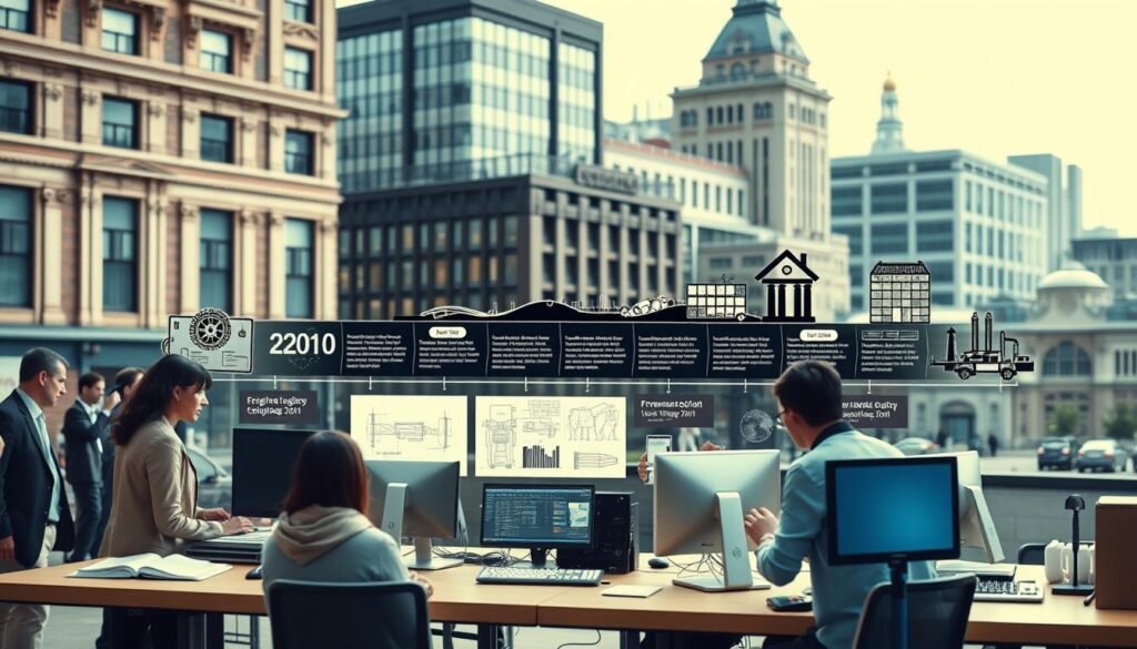 A historical depiction of an engineering school focused on information technology, showcasing the evolution through several distinct eras. In the foreground, a diverse group of students, dressed in professional business attire, collaborates around a modern workstation with advanced computers and equipment. The middle layer features a timeline showcasing key milestones in the history of the school, with visual elements like old engineering blueprints, photographs of past classes, and iconic technological advancements. The background includes a blend of architectural styles representing different decades—from classic buildings to contemporary designs. Soft, ambient lighting creates a warm atmosphere, emphasizing innovation and cooperation. The image is captured from a slightly elevated angle to provide a comprehensive view of the scene's layers. A historical depiction of an engineering school focused on information technology, showcasing the evolution through several distinct eras. In the foreground, a diverse group of students, dressed in professional business attire, collaborates around a modern workstation with advanced computers and equipment. The middle layer features a timeline showcasing key milestones in the history of the school, with visual elements like old engineering blueprints, photographs of past classes, and iconic technological advancements. The background includes a blend of architectural styles representing different decades—from classic buildings to contemporary designs. Soft, ambient lighting creates a warm atmosphere, emphasizing innovation and cooperation. The image is captured from a slightly elevated angle to provide a comprehensive view of the scene's layers.