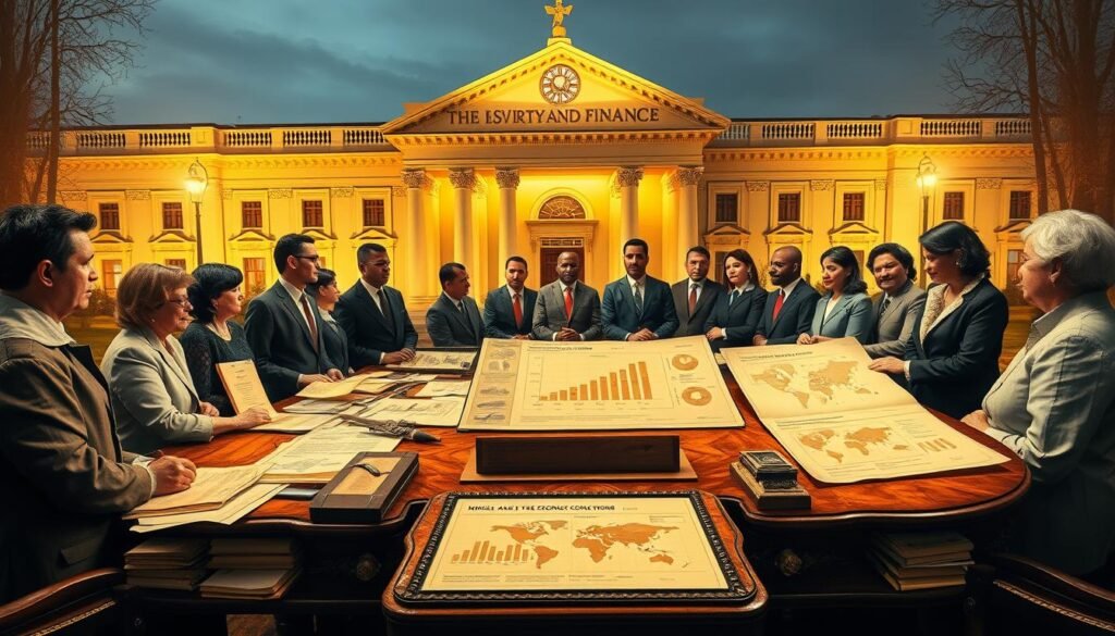 A historical depiction of the Ministry of Economy and Finance featuring its evolution over time. In the foreground, a distinguished group of diverse individuals in professional business attire, engaged in a strategic discussion, surrounded by historical documents and artifacts representing various periods of the ministry's history. In the middle ground, a large, ornate wooden table with charts and maps detailing economic development milestones, symbolizing key events in the ministry's evolution. In the background, the elegant facade of a classic government building, illuminated by warm, golden lighting that casts a sense of professionalism and authority. The overall atmosphere conveys a sense of gravitas and significance, as if capturing a pivotal moment in economic history. A historical depiction of the Ministry of Economy and Finance featuring its evolution over time. In the foreground, a distinguished group of diverse individuals in professional business attire, engaged in a strategic discussion, surrounded by historical documents and artifacts representing various periods of the ministry's history. In the middle ground, a large, ornate wooden table with charts and maps detailing economic development milestones, symbolizing key events in the ministry's evolution. In the background, the elegant facade of a classic government building, illuminated by warm, golden lighting that casts a sense of professionalism and authority. The overall atmosphere conveys a sense of gravitas and significance, as if capturing a pivotal moment in economic history.