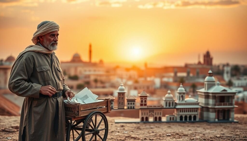 A historical depiction of the evolution of Moroccan postal services, showcasing significant milestones from traditional methods to modern advancements. In the foreground, a vintage postal worker in traditional Moroccan attire, standing beside an early postal cart filled with letters. The middle layer features a timeline of postal evolution, illustrating key moments with miniature buildings representing early post offices and modern facilities. The background includes a scenic view of iconic Moroccan landscapes, blending ancient architecture with contemporary structures symbolizing progress, under a warm, golden sunset. Soft, ambient lighting enhances the atmosphere of nostalgia and transformation, while a blurred depth effect emphasizes the transition from the old to the new. A historical depiction of the evolution of Moroccan postal services, showcasing significant milestones from traditional methods to modern advancements. In the foreground, a vintage postal worker in traditional Moroccan attire, standing beside an early postal cart filled with letters. The middle layer features a timeline of postal evolution, illustrating key moments with miniature buildings representing early post offices and modern facilities. The background includes a scenic view of iconic Moroccan landscapes, blending ancient architecture with contemporary structures symbolizing progress, under a warm, golden sunset. Soft, ambient lighting enhances the atmosphere of nostalgia and transformation, while a blurred depth effect emphasizes the transition from the old to the new.