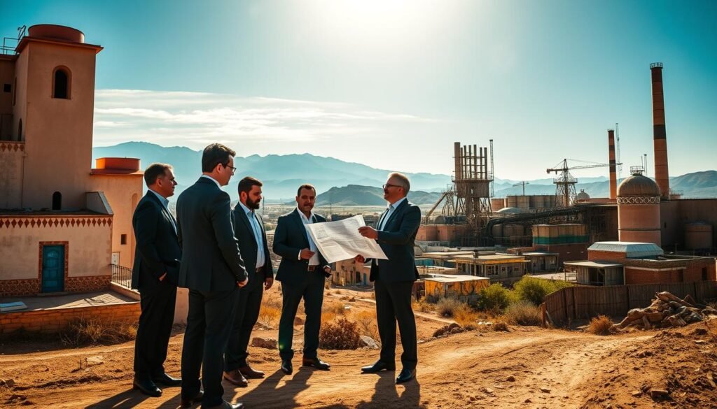 A historical industrial scene in Morocco, showcasing the essence of KAZINOV's enterprise. In the foreground, a group of diverse professionals in formal business attire are engaged in discussion, reviewing blueprints of a modern industrial project. The middle ground features a blend of traditional Moroccan architecture and contemporary industrial structures adorned with vibrant colors, reflecting local artistry. The background has the Atlas Mountains under a bright blue sky, sunlight casting soft shadows, creating a warm, inviting atmosphere. A rugged dirt path suggests a connection to the landscape. This image embodies professionalism and innovation, highlighting Morocco’s industrial progress and cultural heritage. The overall mood is optimistic and dynamic, celebrating the fusion of tradition and modernity. A historical industrial scene in Morocco, showcasing the essence of KAZINOV's enterprise. In the foreground, a group of diverse professionals in formal business attire are engaged in discussion, reviewing blueprints of a modern industrial project. The middle ground features a blend of traditional Moroccan architecture and contemporary industrial structures adorned with vibrant colors, reflecting local artistry. The background has the Atlas Mountains under a bright blue sky, sunlight casting soft shadows, creating a warm, inviting atmosphere. A rugged dirt path suggests a connection to the landscape. This image embodies professionalism and innovation, highlighting Morocco’s industrial progress and cultural heritage. The overall mood is optimistic and dynamic, celebrating the fusion of tradition and modernity.