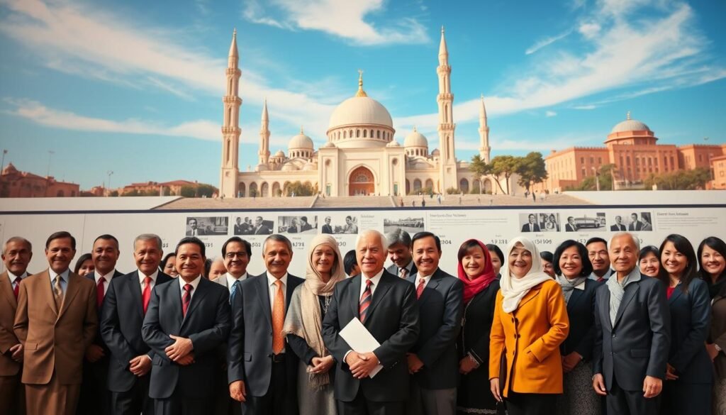 A historical montage depicting the evolution of the Moroccan health ministers over time. In the foreground, an array of dignified men and women, dressed in professional business attire, representing different eras, stand together, smiling with warm expressions. Each figure is styled to reflect the fashion trends of their respective periods. In the middle, a richly detailed timeline featuring portraits, historical documents, and images related to health reforms, subtly blending into the background. The background showcases iconic Moroccan architecture, like the Hassan II Mosque, under vibrant blue skies, symbolizing progress. The mood is celebratory and respectful, illuminated with soft, warm lighting to evoke a sense of nostalgia and reverence for public service. A historical montage depicting the evolution of the Moroccan health ministers over time. In the foreground, an array of dignified men and women, dressed in professional business attire, representing different eras, stand together, smiling with warm expressions. Each figure is styled to reflect the fashion trends of their respective periods. In the middle, a richly detailed timeline featuring portraits, historical documents, and images related to health reforms, subtly blending into the background. The background showcases iconic Moroccan architecture, like the Hassan II Mosque, under vibrant blue skies, symbolizing progress. The mood is celebratory and respectful, illuminated with soft, warm lighting to evoke a sense of nostalgia and reverence for public service.