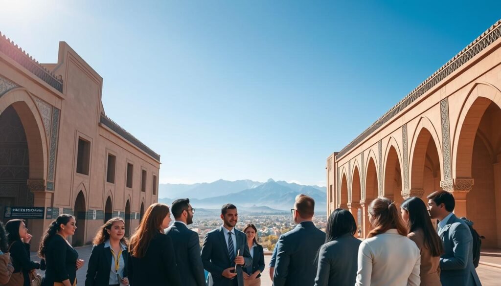 A historical representation of HEM (Hautes Etudes de Management) in Morocco, showcasing its foundational principles and impact in a professional setting. In the foreground, a group of diverse students engaged in a lively discussion, dressed in professional business attire, symbolizing modern education. In the middle, an elegant university building with traditional Moroccan architectural elements, such as intricate tile mosaics and arched doorways. The background features a scenic view of the Atlas Mountains under a bright blue sky, adding depth and a sense of place. Soft, natural lighting illuminates the scene, creating a warm, inspiring atmosphere focused on growth and learning. The angle captures the architectural beauty and vibrant interaction among students, evoking a sense of community and academic excellence. A historical representation of HEM (Hautes Etudes de Management) in Morocco, showcasing its foundational principles and impact in a professional setting. In the foreground, a group of diverse students engaged in a lively discussion, dressed in professional business attire, symbolizing modern education. In the middle, an elegant university building with traditional Moroccan architectural elements, such as intricate tile mosaics and arched doorways. The background features a scenic view of the Atlas Mountains under a bright blue sky, adding depth and a sense of place. Soft, natural lighting illuminates the scene, creating a warm, inspiring atmosphere focused on growth and learning. The angle captures the architectural beauty and vibrant interaction among students, evoking a sense of community and academic excellence.