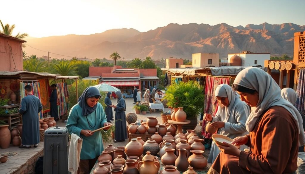 A historical representation of a traditional artisanal cooperative in Morocco, focusing on the Adrar Netment Cooperative. In the foreground, skilled artisans, dressed in modest, professional attire, are engaged in crafting beautiful handmade goods, such as pottery and textiles. The middle ground features a vibrant marketplace filled with colorful displays of traditional Moroccan crafts, surrounded by lush greenery and local architecture. The background showcases the majestic mountains of the region under a warm, golden hour light, casting a soft, inviting glow on the scene. The atmosphere is lively and welcoming, reflecting the rich cultural heritage and community spirit of the cooperative. Captured with a wide-angle lens to emphasize depth and detail. A historical representation of a traditional artisanal cooperative in Morocco, focusing on the Adrar Netment Cooperative. In the foreground, skilled artisans, dressed in modest, professional attire, are engaged in crafting beautiful handmade goods, such as pottery and textiles. The middle ground features a vibrant marketplace filled with colorful displays of traditional Moroccan crafts, surrounded by lush greenery and local architecture. The background showcases the majestic mountains of the region under a warm, golden hour light, casting a soft, inviting glow on the scene. The atmosphere is lively and welcoming, reflecting the rich cultural heritage and community spirit of the cooperative. Captured with a wide-angle lens to emphasize depth and detail.