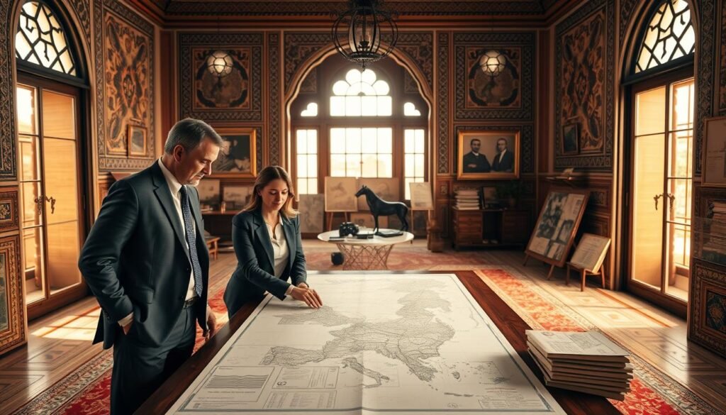 A historical representation of the Haut-Commissariat au Plan in Morocco, showcasing a professional team gathered around a large table filled with maps and data charts, symbolizing research and analysis. In the foreground, two individuals, a man and a woman, dressed in smart business attire, are engaged in discussion, pointing at a map. The middle layer features an intricately detailed room with traditional Moroccan architecture, adorned with geometric patterns and soft lighting, emphasizing a productive atmosphere. In the background, large windows allow natural light to flood in, illuminating old photographs and documents on the walls that highlight the history and evolution of the HCP. The scene evokes a sense of professionalism, collaboration, and respect for Moroccan heritage. A historical representation of the Haut-Commissariat au Plan in Morocco, showcasing a professional team gathered around a large table filled with maps and data charts, symbolizing research and analysis. In the foreground, two individuals, a man and a woman, dressed in smart business attire, are engaged in discussion, pointing at a map. The middle layer features an intricately detailed room with traditional Moroccan architecture, adorned with geometric patterns and soft lighting, emphasizing a productive atmosphere. In the background, large windows allow natural light to flood in, illuminating old photographs and documents on the walls that highlight the history and evolution of the HCP. The scene evokes a sense of professionalism, collaboration, and respect for Moroccan heritage.