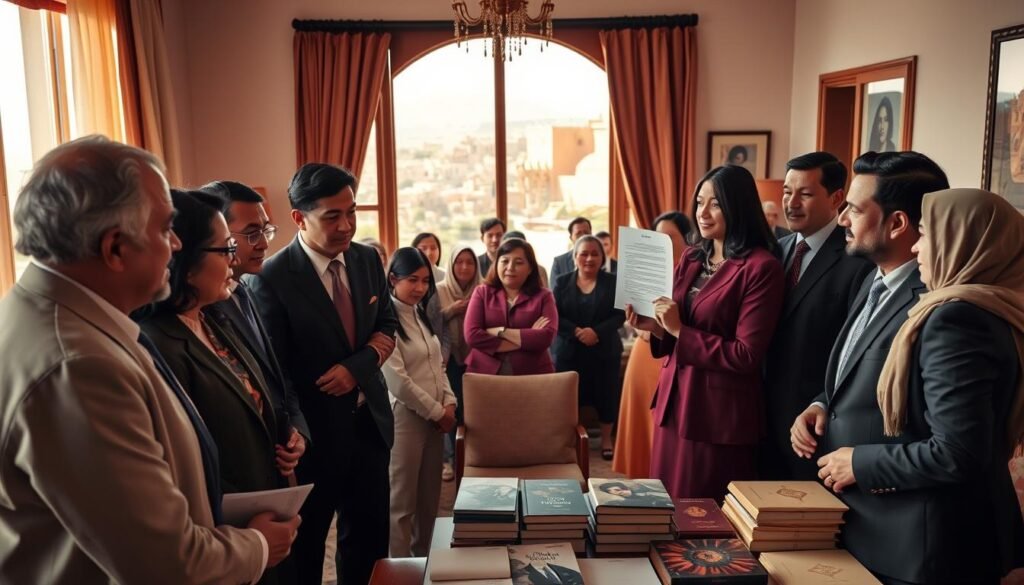A historical scene depicting the foundation of the Organisation Marocaine des Droits Humains (OMDH). In the foreground, a diverse group of professional individuals in business attire are engaged in a serious discussion, with one person holding a document symbolizing human rights. In the middle ground, a gathering of like-minded individuals can be seen in a warmly lit room filled with books and pamphlets about human rights advocacy. The background features a large window showcasing a beautiful Moroccan landscape, with traditional architectural elements. The lighting is soft and inviting, conveying a mood of hope and collaboration. The angle is slightly elevated, providing a comprehensive view of the engaged group and the surrounding ambiance, which emphasizes the commitment to human rights. A historical scene depicting the foundation of the Organisation Marocaine des Droits Humains (OMDH). In the foreground, a diverse group of professional individuals in business attire are engaged in a serious discussion, with one person holding a document symbolizing human rights. In the middle ground, a gathering of like-minded individuals can be seen in a warmly lit room filled with books and pamphlets about human rights advocacy. The background features a large window showcasing a beautiful Moroccan landscape, with traditional architectural elements. The lighting is soft and inviting, conveying a mood of hope and collaboration. The angle is slightly elevated, providing a comprehensive view of the engaged group and the surrounding ambiance, which emphasizes the commitment to human rights.