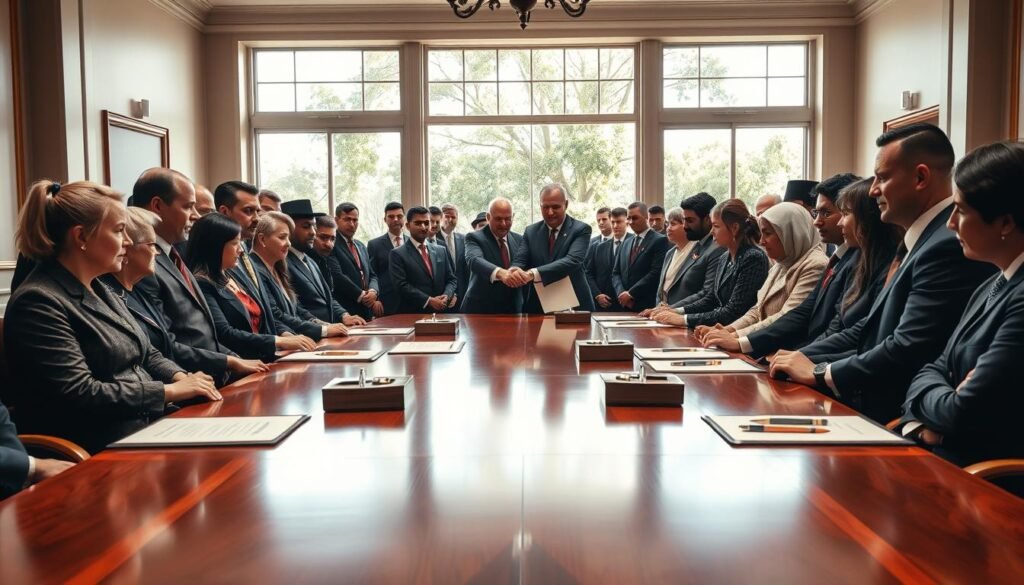 A historical scene depicting the signing of a significant convention, set in a grand, well-lit conference room. In the foreground, a long, polished wooden table holds several elegant pens and official documents, surrounded by diverse individuals in professional business attire, deeply engaged in discussion. In the middle, a focal point of two dignitaries shaking hands, symbolizing agreement, with expressions of determination and hope. The background features large windows with soft natural light streaming in, casting gentle shadows, and displaying a view of lush greenery outside. The atmosphere is one of cooperation and momentous achievement, infused with a sense of legacy and the foundations of education, reflecting the spirit of collaboration in the establishment of Ecole Centrale Casablanca. A historical scene depicting the signing of a significant convention, set in a grand, well-lit conference room. In the foreground, a long, polished wooden table holds several elegant pens and official documents, surrounded by diverse individuals in professional business attire, deeply engaged in discussion. In the middle, a focal point of two dignitaries shaking hands, symbolizing agreement, with expressions of determination and hope. The background features large windows with soft natural light streaming in, casting gentle shadows, and displaying a view of lush greenery outside. The atmosphere is one of cooperation and momentous achievement, infused with a sense of legacy and the foundations of education, reflecting the spirit of collaboration in the establishment of Ecole Centrale Casablanca.
