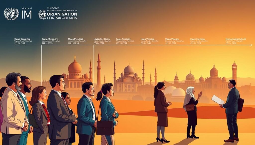 A historical timeline showcasing the evolution of the International Organization for Migration (OIM) in Morocco. In the foreground, a detailed illustration of a diverse group of professionals in business attire, including men and women of different ethnic backgrounds, engaged in a discussion, symbolizing collaboration and dialogue. The middle layer features significant landmarks of Morocco, such as the Hassan II Mosque and traditional Moroccan architecture, representing the local context. In the background, a soft gradient sky transitions from warm oranges to deep blues, suggesting a sense of progress and hope. The lighting is soft and warm, evoking a welcoming atmosphere. Capture a balanced perspective that blends modernity with tradition, reflecting the rich history of the OIM's activities in Morocco. A historical timeline showcasing the evolution of the International Organization for Migration (OIM) in Morocco. In the foreground, a detailed illustration of a diverse group of professionals in business attire, including men and women of different ethnic backgrounds, engaged in a discussion, symbolizing collaboration and dialogue. The middle layer features significant landmarks of Morocco, such as the Hassan II Mosque and traditional Moroccan architecture, representing the local context. In the background, a soft gradient sky transitions from warm oranges to deep blues, suggesting a sense of progress and hope. The lighting is soft and warm, evoking a welcoming atmosphere. Capture a balanced perspective that blends modernity with tradition, reflecting the rich history of the OIM's activities in Morocco.