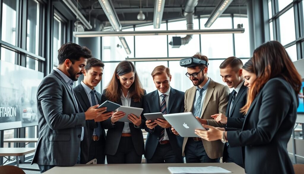 A modern and innovative educational setting showcasing diverse learners engaged in collaborative projects around technology and business. In the foreground, a group of young professionals in business attire, including men and women of different ethnicities, are brainstorming over digital tablets and laptops. The middle ground features a bright, open classroom filled with cutting-edge technology, such as interactive whiteboards and virtual reality stations, reflecting a dynamic learning environment. The background shows floor-to-ceiling windows with city views, allowing natural light to flood the room, creating an inspirational atmosphere. The overall mood conveys excitement and creativity, emphasizing the theme of innovative programs and training methods at a prestigious management school. Use a soft focus on the background and a slightly elevated angle to capture the full setting. A modern and innovative educational setting showcasing diverse learners engaged in collaborative projects around technology and business. In the foreground, a group of young professionals in business attire, including men and women of different ethnicities, are brainstorming over digital tablets and laptops. The middle ground features a bright, open classroom filled with cutting-edge technology, such as interactive whiteboards and virtual reality stations, reflecting a dynamic learning environment. The background shows floor-to-ceiling windows with city views, allowing natural light to flood the room, creating an inspirational atmosphere. The overall mood conveys excitement and creativity, emphasizing the theme of innovative programs and training methods at a prestigious management school. Use a soft focus on the background and a slightly elevated angle to capture the full setting.