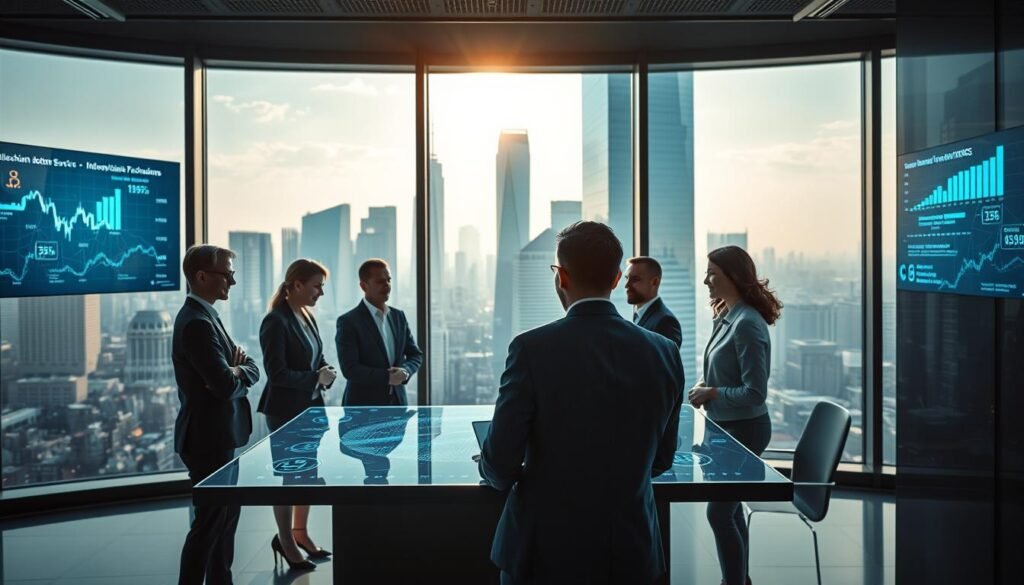 A modern and sleek office environment showcasing innovation in financial services. In the foreground, a diverse group of professionals in business attire is engaged in a collaborative meeting around a futuristic, holographic touchscreen table displaying financial data and trends. In the middle, a large window reveals a bustling cityscape, symbolizing economic growth and progress, with skyscrapers reflecting the sun's rays. The background features digital screens illustrating blockchain technology and fintech growth statistics. Soft, natural lighting enhances the atmosphere, while a slightly blurred effect on the city outside emphasizes focus on the innovation happening within the office. The mood is dynamic and optimistic, highlighting the evolution of financial services and technology integration. A modern and sleek office environment showcasing innovation in financial services. In the foreground, a diverse group of professionals in business attire is engaged in a collaborative meeting around a futuristic, holographic touchscreen table displaying financial data and trends. In the middle, a large window reveals a bustling cityscape, symbolizing economic growth and progress, with skyscrapers reflecting the sun's rays. The background features digital screens illustrating blockchain technology and fintech growth statistics. Soft, natural lighting enhances the atmosphere, while a slightly blurred effect on the city outside emphasizes focus on the innovation happening within the office. The mood is dynamic and optimistic, highlighting the evolution of financial services and technology integration.