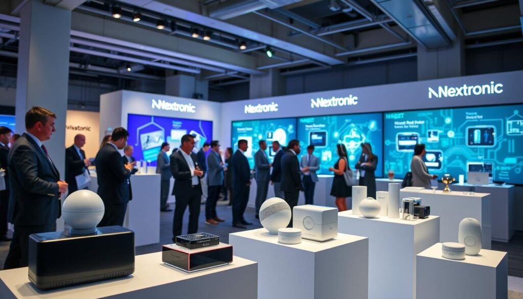 A modern and vibrant technology salon showcasing "Vivatech IoT Nextronic" with a polished, professional ambiance. In the foreground, a sleek display of innovative IoT devices, including smart sensors and connected home solutions, arranged elegantly on minimalist pedestals. In the middle ground, attentive professionals in business attire engage in discussions, analyzing product features and networking, illuminated by soft LED lighting that emphasizes their expressions and interactions. The background features large screens displaying dynamic visuals of Nextronic’s technology advancements, with a contemporary design aesthetic and subtle tones of blue and green. The overall mood is energetic and forward-looking, capturing the essence of innovation and leadership in the IoT space. The scene is captured from a slightly elevated angle to provide depth and clarity. A modern and vibrant technology salon showcasing "Vivatech IoT Nextronic" with a polished, professional ambiance. In the foreground, a sleek display of innovative IoT devices, including smart sensors and connected home solutions, arranged elegantly on minimalist pedestals. In the middle ground, attentive professionals in business attire engage in discussions, analyzing product features and networking, illuminated by soft LED lighting that emphasizes their expressions and interactions. The background features large screens displaying dynamic visuals of Nextronic’s technology advancements, with a contemporary design aesthetic and subtle tones of blue and green. The overall mood is energetic and forward-looking, capturing the essence of innovation and leadership in the IoT space. The scene is captured from a slightly elevated angle to provide depth and clarity.