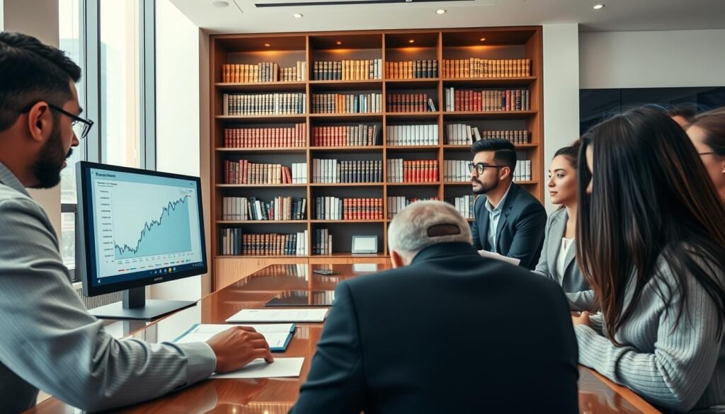 A modern bank office interior, showcasing a team of diverse professionals in business attire engaged in a discussion around a large conference table. The foreground features a middle-aged Moroccan man explaining a financial graph on a digital screen, while a young woman takes notes. In the middle background, an elegant bookshelf filled with financial literature and economic reports symbolizes the knowledge base of Bank Al-Maghrib. Soft, natural lighting filters through large windows, casting a warm glow over the scene. The atmosphere is collaborative and focused, reflecting the significant impact of Bank Al-Maghrib on the Moroccan economy, with subtle hints of traditional Moroccan art in the decor, creating a balance between modernity and culture. The angle captures the scene from a slightly elevated perspective, providing a comprehensive view of the engagement. A modern bank office interior, showcasing a team of diverse professionals in business attire engaged in a discussion around a large conference table. The foreground features a middle-aged Moroccan man explaining a financial graph on a digital screen, while a young woman takes notes. In the middle background, an elegant bookshelf filled with financial literature and economic reports symbolizes the knowledge base of Bank Al-Maghrib. Soft, natural lighting filters through large windows, casting a warm glow over the scene. The atmosphere is collaborative and focused, reflecting the significant impact of Bank Al-Maghrib on the Moroccan economy, with subtle hints of traditional Moroccan art in the decor, creating a balance between modernity and culture. The angle captures the scene from a slightly elevated perspective, providing a comprehensive view of the engagement.