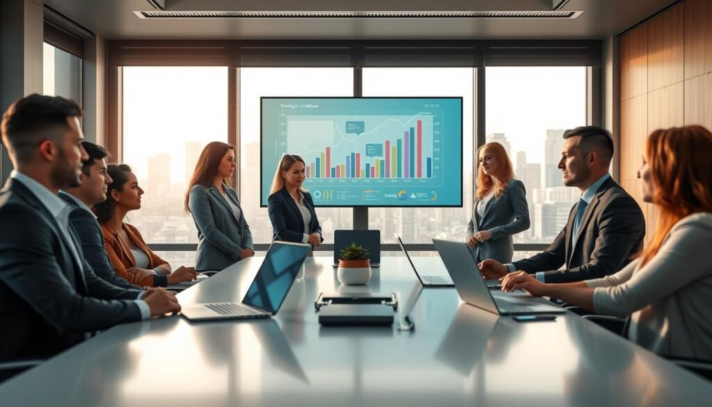 A modern conference room setting showcasing strategic alliances and partnerships. In the foreground, a diverse group of professionals, dressed in smart business attire, engage in a collaborative discussion around a sleek conference table, with laptops and digital devices visible. The middle layer features large windows letting in soft natural light, illuminating graphs and charts displayed on a digital screen, symbolizing authenticity and modernity. In the background, a city skyline can be seen through the windows, representing growth and ambition. The atmosphere is dynamic and positive, evoking a sense of innovation and collaboration, with a focus on strategic engagement and partnership development. A modern conference room setting showcasing strategic alliances and partnerships. In the foreground, a diverse group of professionals, dressed in smart business attire, engage in a collaborative discussion around a sleek conference table, with laptops and digital devices visible. The middle layer features large windows letting in soft natural light, illuminating graphs and charts displayed on a digital screen, symbolizing authenticity and modernity. In the background, a city skyline can be seen through the windows, representing growth and ambition. The atmosphere is dynamic and positive, evoking a sense of innovation and collaboration, with a focus on strategic engagement and partnership development.