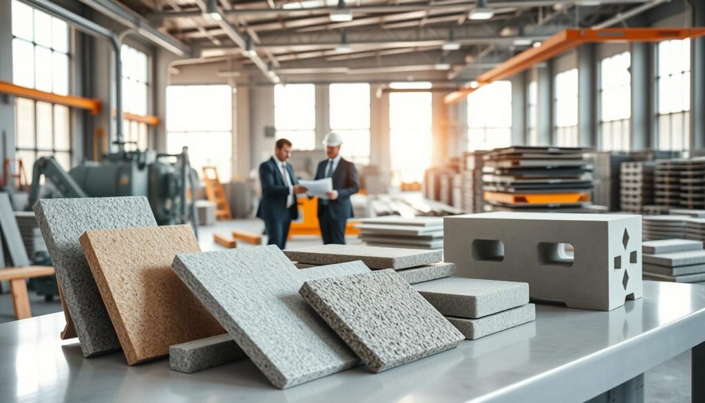 A modern construction scene showcasing innovative concrete materials in a bright, airy facility. In the foreground, a variety of innovative concrete products, such as textured panels, paving stones, and precast structures, are displayed on a clean workbench. The middle ground features construction professionals in professional business attire examining blueprints and collaborating over materials, emphasizing teamwork and innovation. In the background, large windows allow natural light to flood the space, illuminating the high-tech equipment and stacked materials that represent advanced construction techniques. The atmosphere is vibrant and industrious, with a slight sheen from overhead lights reflecting off the polished surfaces, capturing the essence of modern construction and innovation. A modern construction scene showcasing innovative concrete materials in a bright, airy facility. In the foreground, a variety of innovative concrete products, such as textured panels, paving stones, and precast structures, are displayed on a clean workbench. The middle ground features construction professionals in professional business attire examining blueprints and collaborating over materials, emphasizing teamwork and innovation. In the background, large windows allow natural light to flood the space, illuminating the high-tech equipment and stacked materials that represent advanced construction techniques. The atmosphere is vibrant and industrious, with a slight sheen from overhead lights reflecting off the polished surfaces, capturing the essence of modern construction and innovation.