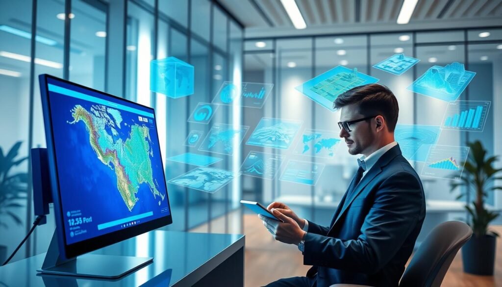 A modern digital landscape depicting advanced cadastral and cartographic tools. In the foreground, a sleek computer screen displays vibrant geographical maps and data analysis graphs, radiating a blue glow. A professional-looking individual in business attire uses a digital tablet to navigate a mapping application, focused and engaged. In the middle ground, various digital interfaces float, showcasing layers of geographical information, 3D terrain models, and statistical data, all interconnected. The background features a futuristic office setting with soft, natural lighting filtering through transparent glass walls, reflecting the integration of technology and nature. The atmosphere is collaborative and innovative, suggesting the role of digital platforms in enhancing cadastral services. A modern digital landscape depicting advanced cadastral and cartographic tools. In the foreground, a sleek computer screen displays vibrant geographical maps and data analysis graphs, radiating a blue glow. A professional-looking individual in business attire uses a digital tablet to navigate a mapping application, focused and engaged. In the middle ground, various digital interfaces float, showcasing layers of geographical information, 3D terrain models, and statistical data, all interconnected. The background features a futuristic office setting with soft, natural lighting filtering through transparent glass walls, reflecting the integration of technology and nature. The atmosphere is collaborative and innovative, suggesting the role of digital platforms in enhancing cadastral services.