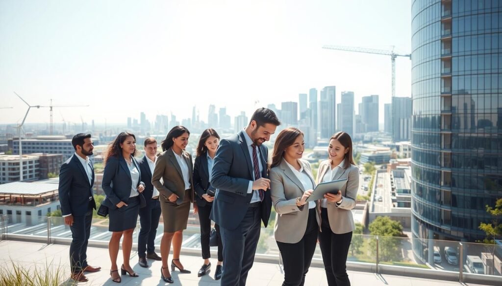 A modern, dynamic urban landscape representing "investment in human capital and infrastructure." In the foreground, a diverse group of professionals in business attire collaborates around a high-tech digital tablet, showcasing innovative ideas. In the middle ground, modern buildings symbolize advanced infrastructure, with green spaces and renewable energy sources integrated, such as solar panels and wind turbines. The background features a skyline with cranes, representing ongoing construction and growth. Bright, natural lighting illuminates the scene, evoking an optimistic atmosphere of progress and collaboration. The angle captures a wide view of the bustling city, emphasizing the synergy between human development and infrastructure investment. A modern, dynamic urban landscape representing "investment in human capital and infrastructure." In the foreground, a diverse group of professionals in business attire collaborates around a high-tech digital tablet, showcasing innovative ideas. In the middle ground, modern buildings symbolize advanced infrastructure, with green spaces and renewable energy sources integrated, such as solar panels and wind turbines. The background features a skyline with cranes, representing ongoing construction and growth. Bright, natural lighting illuminates the scene, evoking an optimistic atmosphere of progress and collaboration. The angle captures a wide view of the bustling city, emphasizing the synergy between human development and infrastructure investment.