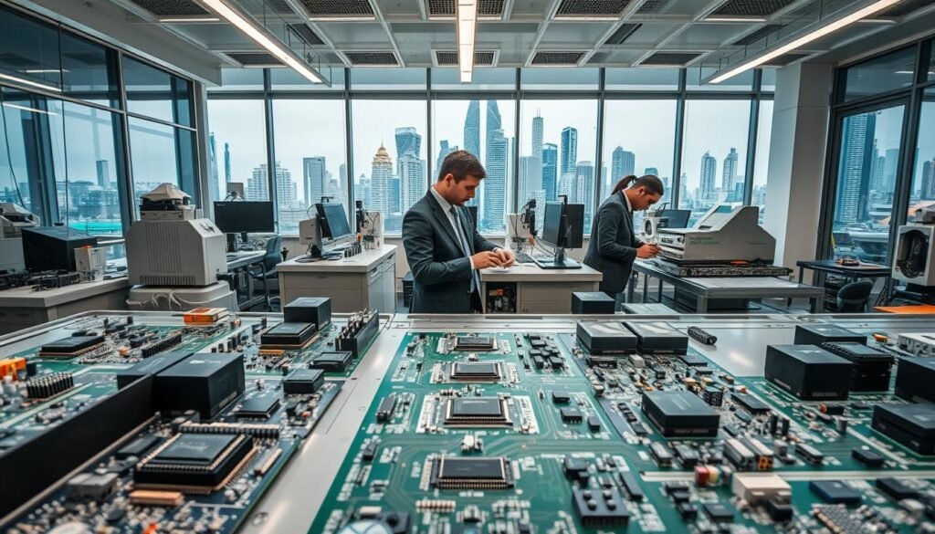 A modern electronics fabrication facility in Morocco, showcasing a variety of advanced electronic components. In the foreground, intricate circuit boards and microchips are meticulously arranged on clean, stainless steel workstations, illuminated by bright, diffused overhead lighting. The middle ground features engineers in professional business attire, focused intently on their work, using high-tech tools and machinery. In the background, large glass windows reveal a bustling city skyline, symbolizing innovation and growth. The scene is vibrant and dynamic, reflecting a collaborative spirit in technology and design. Use a wide-angle lens to capture the depth of the workspace, with a soft focus on the distant skyline, creating a sense of progress and opportunity. The overall atmosphere is one of professionalism and cutting-edge innovation. A modern electronics fabrication facility in Morocco, showcasing a variety of advanced electronic components. In the foreground, intricate circuit boards and microchips are meticulously arranged on clean, stainless steel workstations, illuminated by bright, diffused overhead lighting. The middle ground features engineers in professional business attire, focused intently on their work, using high-tech tools and machinery. In the background, large glass windows reveal a bustling city skyline, symbolizing innovation and growth. The scene is vibrant and dynamic, reflecting a collaborative spirit in technology and design. Use a wide-angle lens to capture the depth of the workspace, with a soft focus on the distant skyline, creating a sense of progress and opportunity. The overall atmosphere is one of professionalism and cutting-edge innovation.