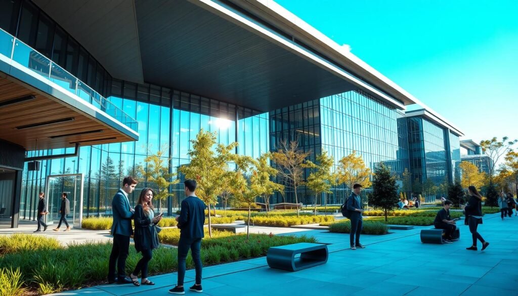 A modern engineering school campus, featuring sleek, contemporary architecture with innovative design elements. In the foreground, a group of diverse students in professional attire are engaged in discussion, showcasing collaboration and academic pursuit. The middle layer includes a spacious outdoor area with green landscaping and modern benches, where students are studying and socializing. In the background, large glass buildings reflect the sunlight, surrounded by trees and a vibrant blue sky. Soft natural lighting bathes the scene, enhancing the welcoming and dynamic atmosphere. Use a wide-angle perspective to capture the expansiveness of the campus, evoking a sense of inspiration and forward-thinking education. A modern engineering school campus, featuring sleek, contemporary architecture with innovative design elements. In the foreground, a group of diverse students in professional attire are engaged in discussion, showcasing collaboration and academic pursuit. The middle layer includes a spacious outdoor area with green landscaping and modern benches, where students are studying and socializing. In the background, large glass buildings reflect the sunlight, surrounded by trees and a vibrant blue sky. Soft natural lighting bathes the scene, enhancing the welcoming and dynamic atmosphere. Use a wide-angle perspective to capture the expansiveness of the campus, evoking a sense of inspiration and forward-thinking education.