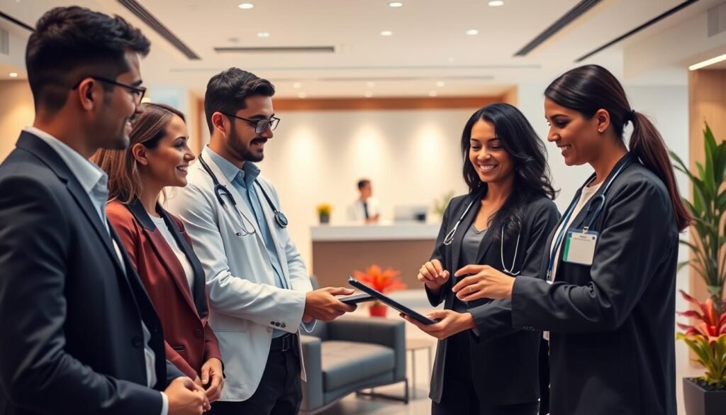 A modern healthcare service setup in Morocco, showcasing a professional and inviting atmosphere. In the foreground, a diverse group of healthcare professionals in smart business attire are engaged in a discussion around a digital tablet, illustrating collaboration and innovation in health services. The middle ground features a contemporary waiting area with comfortable seating and colorful plants, reflecting a welcoming environment. In the background, an elegantly designed reception desk displays a friendly staff member assisting a patient. Soft, warm lighting creates an inviting and hopeful mood, while the focus is captured from a slightly elevated angle to emphasize interaction and engagement within the healthcare setting. A modern healthcare service setup in Morocco, showcasing a professional and inviting atmosphere. In the foreground, a diverse group of healthcare professionals in smart business attire are engaged in a discussion around a digital tablet, illustrating collaboration and innovation in health services. The middle ground features a contemporary waiting area with comfortable seating and colorful plants, reflecting a welcoming environment. In the background, an elegantly designed reception desk displays a friendly staff member assisting a patient. Soft, warm lighting creates an inviting and hopeful mood, while the focus is captured from a slightly elevated angle to emphasize interaction and engagement within the healthcare setting.