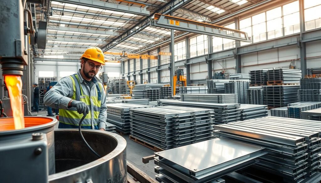 A modern industrial facility showcasing hot galvanization technology in action. In the foreground, a skilled worker in professional safety attire meticulously operates a galvanizing machine, with molten zinc visibly pouring into a vat. The middle layer features various galvanized steel structures, reflecting a shiny metallic finish, emphasizing the quality of the galvanization process. In the background, expansive warehouse spaces filled with stacks of finished products and large machinery are visible, bathed in natural light pouring through high windows. The whole scene conveys a sense of innovation and expertise in metal treatment, with a clean and bright atmosphere that suggests precision and professionalism. The angle is slightly elevated to capture both the worker and the bustling activity of the facility. A modern industrial facility showcasing hot galvanization technology in action. In the foreground, a skilled worker in professional safety attire meticulously operates a galvanizing machine, with molten zinc visibly pouring into a vat. The middle layer features various galvanized steel structures, reflecting a shiny metallic finish, emphasizing the quality of the galvanization process. In the background, expansive warehouse spaces filled with stacks of finished products and large machinery are visible, bathed in natural light pouring through high windows. The whole scene conveys a sense of innovation and expertise in metal treatment, with a clean and bright atmosphere that suggests precision and professionalism. The angle is slightly elevated to capture both the worker and the bustling activity of the facility.