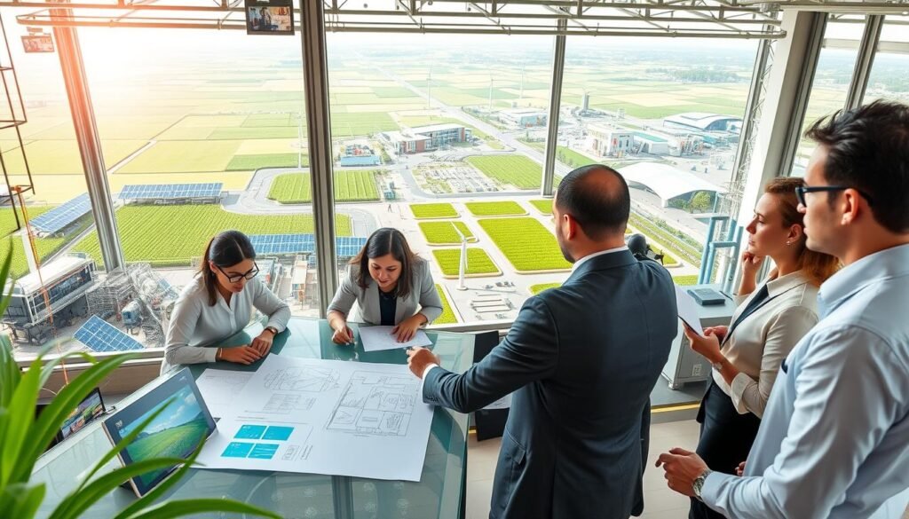A modern industrial scene illustrating "UNIDO Morocco: Industrial Solutions for a Green Future." In the foreground, diverse professionals in business attire engage collaboratively around a high-tech table, studying blueprints and digital screens showcasing sustainable energy solutions. In the middle ground, a dynamic factory setting displays advanced machinery powered by renewable energy sources, like solar panels and wind turbines. The background features an eco-friendly landscape with green fields and innovative buildings designed for sustainability. Soft natural lighting filters in through large windows, creating a bright and inviting atmosphere. The camera angle is slightly elevated, offering a broad view that emphasizes innovation and teamwork within the industrial sector. A modern industrial scene illustrating "UNIDO Morocco: Industrial Solutions for a Green Future." In the foreground, diverse professionals in business attire engage collaboratively around a high-tech table, studying blueprints and digital screens showcasing sustainable energy solutions. In the middle ground, a dynamic factory setting displays advanced machinery powered by renewable energy sources, like solar panels and wind turbines. The background features an eco-friendly landscape with green fields and innovative buildings designed for sustainability. Soft natural lighting filters in through large windows, creating a bright and inviting atmosphere. The camera angle is slightly elevated, offering a broad view that emphasizes innovation and teamwork within the industrial sector.