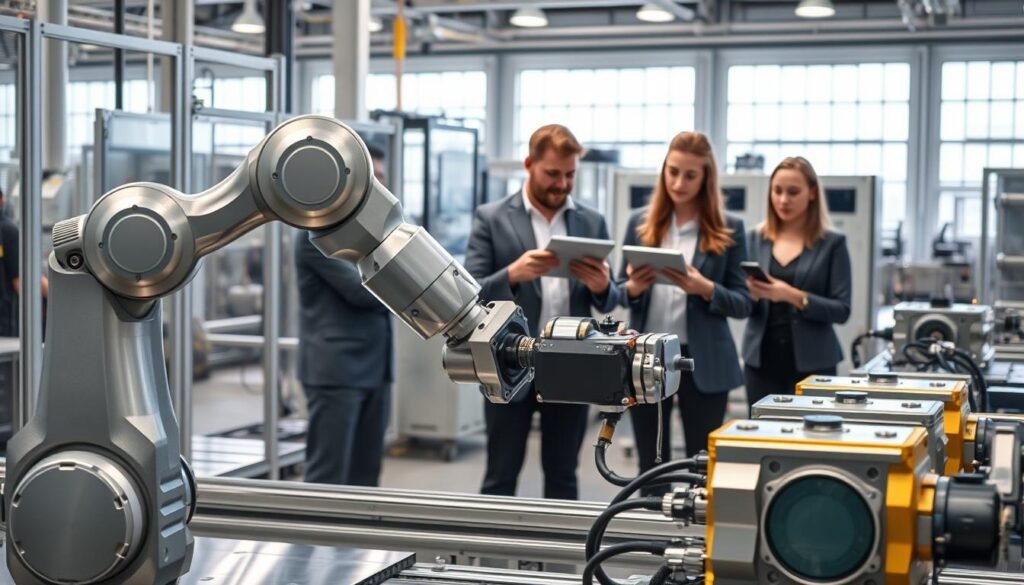 A modern industrial workspace showcasing advanced servo motor technology in action, highlighting its role in optimizing production. In the foreground, a sleek, metallic robotic arm with precision servo motors is gracefully maneuvering through an automatic assembly line. In the middle ground, a team of engineers, dressed in smart casual attire, are engaged in analyzing data on tablets, observing the seamless integration of technology in the production process. The background features a well-lit factory environment with large windows, letting in natural light that enhances the metallic surfaces of machinery. Soft shadows emphasize depth, creating a professional and innovative atmosphere. The scene conveys a sense of collaboration and technological advancement, focusing on the efficiency brought by servo motor systems. A modern industrial workspace showcasing advanced servo motor technology in action, highlighting its role in optimizing production. In the foreground, a sleek, metallic robotic arm with precision servo motors is gracefully maneuvering through an automatic assembly line. In the middle ground, a team of engineers, dressed in smart casual attire, are engaged in analyzing data on tablets, observing the seamless integration of technology in the production process. The background features a well-lit factory environment with large windows, letting in natural light that enhances the metallic surfaces of machinery. Soft shadows emphasize depth, creating a professional and innovative atmosphere. The scene conveys a sense of collaboration and technological advancement, focusing on the efficiency brought by servo motor systems.