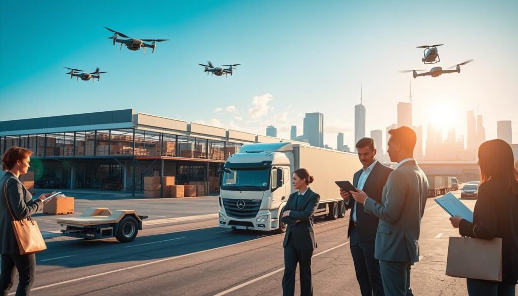 A modern logistics and delivery optimization scene, foreground featuring a diverse team of professionals in business attire analyzing data on digital tablets, emphasizing collaboration. In the middle, a sleek delivery truck is parked near a high-tech distribution center filled with packages, showcasing advanced logistics operations. The background includes a city skyline with modern warehouses and drones delivering packages, indicating innovation in e-commerce. Natural sunlight streams through, casting subtle shadows and creating a warm, inviting atmosphere. The mood is dynamic and focused, illustrating efficiency and teamwork in the logistics sector. The angle is slightly elevated, offering a broad view of the bustling logistics environment. A modern logistics and delivery optimization scene, foreground featuring a diverse team of professionals in business attire analyzing data on digital tablets, emphasizing collaboration. In the middle, a sleek delivery truck is parked near a high-tech distribution center filled with packages, showcasing advanced logistics operations. The background includes a city skyline with modern warehouses and drones delivering packages, indicating innovation in e-commerce. Natural sunlight streams through, casting subtle shadows and creating a warm, inviting atmosphere. The mood is dynamic and focused, illustrating efficiency and teamwork in the logistics sector. The angle is slightly elevated, offering a broad view of the bustling logistics environment.