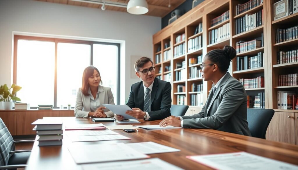 A modern mediation office environment featuring a diverse group of three professionals engaged in a collaborative discussion around a large wooden table. The foreground showcases a detailed view of documents and digital devices, reflecting the institution's focus on missions and intervention methods. In the middle ground, a large window allows natural light to flood the space, creating a warm and inviting atmosphere. The backdrop features shelves filled with books related to governance and conflict resolution, symbolizing knowledge and resources. The scene conveys a sense of professionalism, teamwork, and determination, with individuals dressed in smart business attire, thoughtfully exchanging ideas. The lighting is bright yet soft, with a balanced composition that evokes a feeling of trust and cooperation. A modern mediation office environment featuring a diverse group of three professionals engaged in a collaborative discussion around a large wooden table. The foreground showcases a detailed view of documents and digital devices, reflecting the institution's focus on missions and intervention methods. In the middle ground, a large window allows natural light to flood the space, creating a warm and inviting atmosphere. The backdrop features shelves filled with books related to governance and conflict resolution, symbolizing knowledge and resources. The scene conveys a sense of professionalism, teamwork, and determination, with individuals dressed in smart business attire, thoughtfully exchanging ideas. The lighting is bright yet soft, with a balanced composition that evokes a feeling of trust and cooperation.