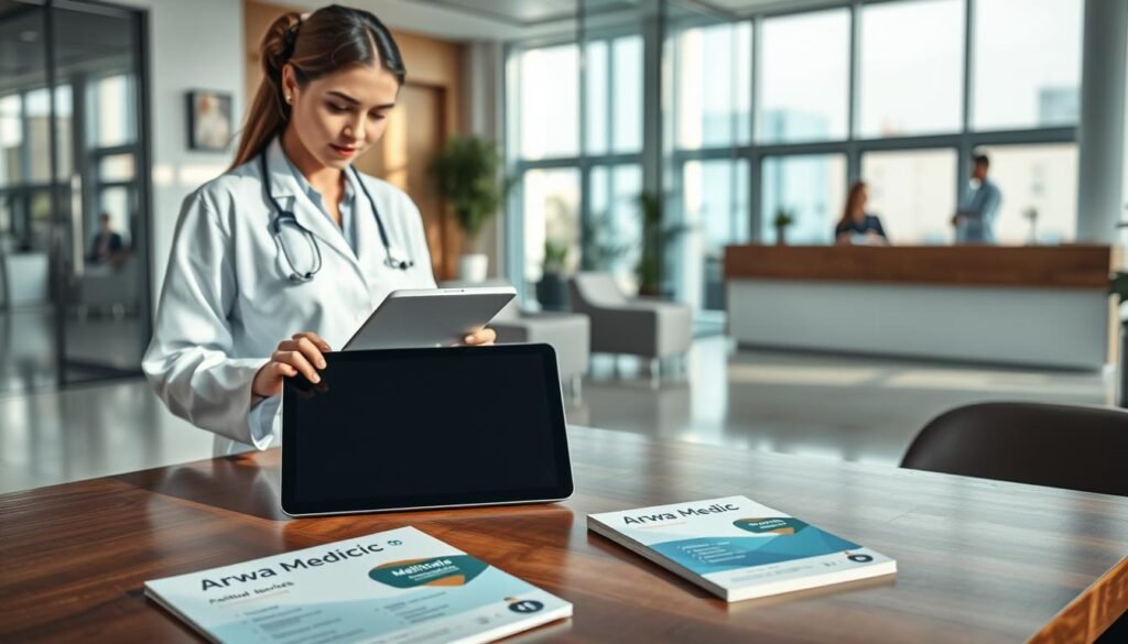 A modern medical services directory display set in a clean, elegant office environment. In the foreground, a polished wooden table showcases a sleek tablet and a few brochures for "Arwa Medic" services, highlighting medical specialties. A healthcare professional, dressed in professional attire, is reviewing the tablet, exuding confidence and expertise. In the middle ground, a spacious waiting area is visible, featuring comfortable seating and subtle greenery, enhancing the welcoming atmosphere. In the background, a glass partition separates the reception area, where a friendly receptionist greets visitors. Soft, natural lighting flows through large windows, casting gentle shadows. The overall mood is professional, trustworthy, and inviting, capturing the essence of reliable medical services in Morocco. A modern medical services directory display set in a clean, elegant office environment. In the foreground, a polished wooden table showcases a sleek tablet and a few brochures for "Arwa Medic" services, highlighting medical specialties. A healthcare professional, dressed in professional attire, is reviewing the tablet, exuding confidence and expertise. In the middle ground, a spacious waiting area is visible, featuring comfortable seating and subtle greenery, enhancing the welcoming atmosphere. In the background, a glass partition separates the reception area, where a friendly receptionist greets visitors. Soft, natural lighting flows through large windows, casting gentle shadows. The overall mood is professional, trustworthy, and inviting, capturing the essence of reliable medical services in Morocco.