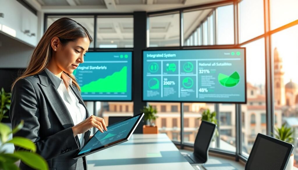 A modern office environment showcasing an integrated backup system and national standards for sustainability. In the foreground, a professional-looking woman in business attire is interacting with digital data on a sleek touchscreen interface. In the middle ground, transparent screens display graphs and infographics illustrating environmental impact and social initiatives, with green tones symbolizing sustainability. The background features large windows with a view of a vibrant Moroccan cityscape, incorporating elements of traditional architecture. Soft, natural lighting filters in, creating an uplifting atmosphere, while the angle is slightly elevated, providing a comprehensive view of the collaborative workspace. Emphasize a sense of innovation and responsibility towards social and environmental issues. A modern office environment showcasing an integrated backup system and national standards for sustainability. In the foreground, a professional-looking woman in business attire is interacting with digital data on a sleek touchscreen interface. In the middle ground, transparent screens display graphs and infographics illustrating environmental impact and social initiatives, with green tones symbolizing sustainability. The background features large windows with a view of a vibrant Moroccan cityscape, incorporating elements of traditional architecture. Soft, natural lighting filters in, creating an uplifting atmosphere, while the angle is slightly elevated, providing a comprehensive view of the collaborative workspace. Emphasize a sense of innovation and responsibility towards social and environmental issues.