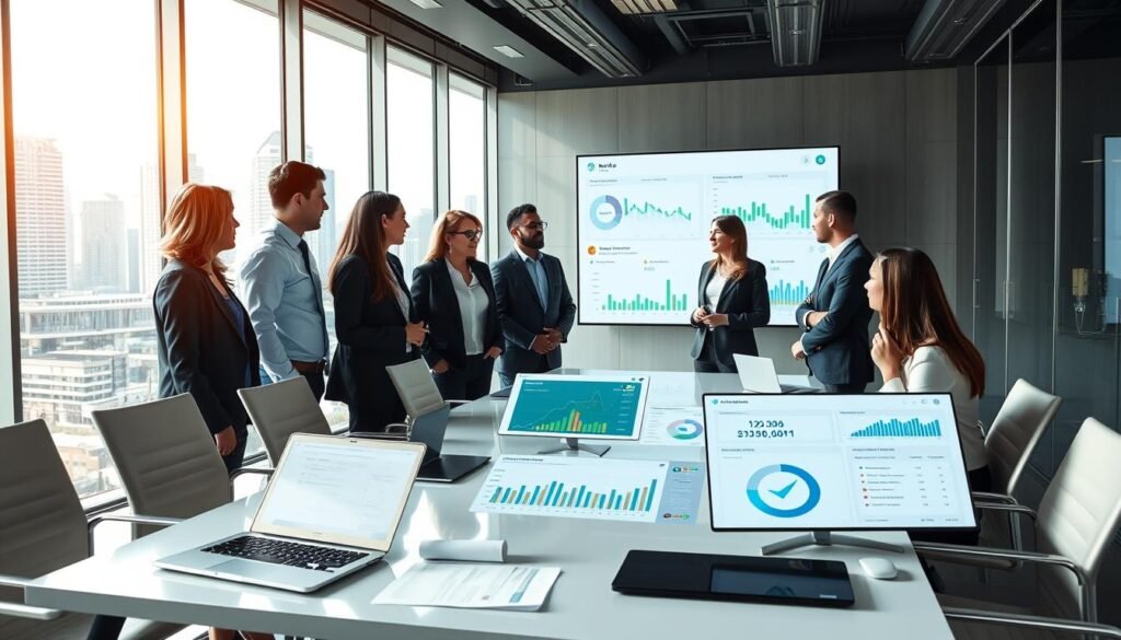 A modern office environment showcasing various financial tools and services for partners. In the foreground, a diverse group of business professionals in formal attire engages in discussion, surrounded by digital screens displaying financial data and software interfaces. The middle of the scene features a sleek conference table with laptops, charts, and a digital dashboard showing real-time treasury management metrics. In the background, large windows with a cityscape view let in natural light, emphasizing a professional and collaborative atmosphere. Bright, clear lighting highlights the tools, conveying a sense of innovation and reliability. The overall mood is focused and supportive, perfect for illustrating partnership services. A modern office environment showcasing various financial tools and services for partners. In the foreground, a diverse group of business professionals in formal attire engages in discussion, surrounded by digital screens displaying financial data and software interfaces. The middle of the scene features a sleek conference table with laptops, charts, and a digital dashboard showing real-time treasury management metrics. In the background, large windows with a cityscape view let in natural light, emphasizing a professional and collaborative atmosphere. Bright, clear lighting highlights the tools, conveying a sense of innovation and reliability. The overall mood is focused and supportive, perfect for illustrating partnership services.