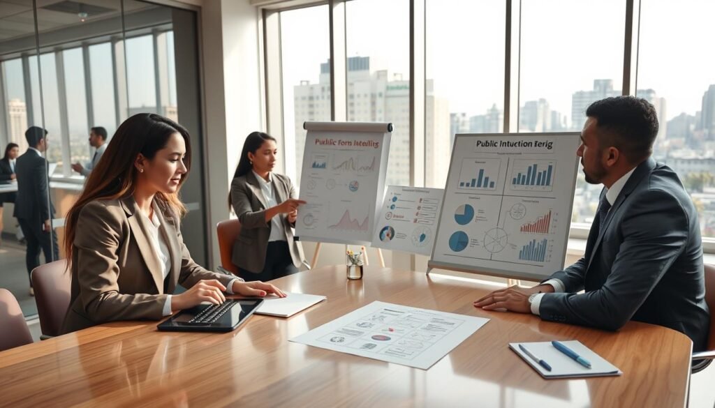 A modern office setting, showcasing a diverse group of professionals engaged in discussion around a conference table, symbolizing the reform of public enterprises. The foreground features two businesspeople—one Moroccan woman in a smart suit, and one Moroccan man in business attire—pointing at a digital tablet displaying data on public reforms. In the middle ground, a whiteboard filled with strategic ideas on public institution improvement, alongside charts and graphs. The background has window views of a bustling urban landscape, highlighting growth and innovation. Soft, natural light filters through the windows, creating a bright and optimistic atmosphere. The camera angle is slightly elevated, capturing the dynamics and collaboration at play in this pivotal moment of economic reform. A modern office setting, showcasing a diverse group of professionals engaged in discussion around a conference table, symbolizing the reform of public enterprises. The foreground features two businesspeople—one Moroccan woman in a smart suit, and one Moroccan man in business attire—pointing at a digital tablet displaying data on public reforms. In the middle ground, a whiteboard filled with strategic ideas on public institution improvement, alongside charts and graphs. The background has window views of a bustling urban landscape, highlighting growth and innovation. Soft, natural light filters through the windows, creating a bright and optimistic atmosphere. The camera angle is slightly elevated, capturing the dynamics and collaboration at play in this pivotal moment of economic reform.