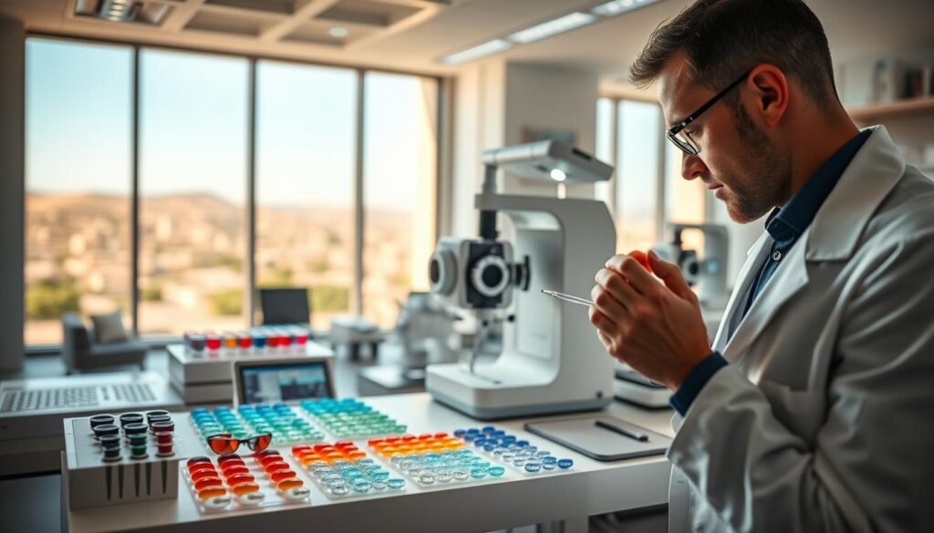 A modern optometry laboratory specializing in custom contact lenses, located in Morocco. The foreground features a sleek, high-tech workspace with a professional optician wearing a lab coat, examining contact lens samples under a bright, focused LED light. In the middle, a sophisticated optical machine displays various lens designs, while an array of colorful contact lens materials and tools are neatly organized. The background shows large windows allowing natural daylight to illuminate the space, with a view of the Moroccan landscape outside. The atmosphere is innovative, clean, and professional, conveying a sense of advanced technology and meticulous craftsmanship in eye care. The scene is captured with a shallow depth of field, emphasizing the details of the workspace while softly blurring the background. A modern optometry laboratory specializing in custom contact lenses, located in Morocco. The foreground features a sleek, high-tech workspace with a professional optician wearing a lab coat, examining contact lens samples under a bright, focused LED light. In the middle, a sophisticated optical machine displays various lens designs, while an array of colorful contact lens materials and tools are neatly organized. The background shows large windows allowing natural daylight to illuminate the space, with a view of the Moroccan landscape outside. The atmosphere is innovative, clean, and professional, conveying a sense of advanced technology and meticulous craftsmanship in eye care. The scene is captured with a shallow depth of field, emphasizing the details of the workspace while softly blurring the background.