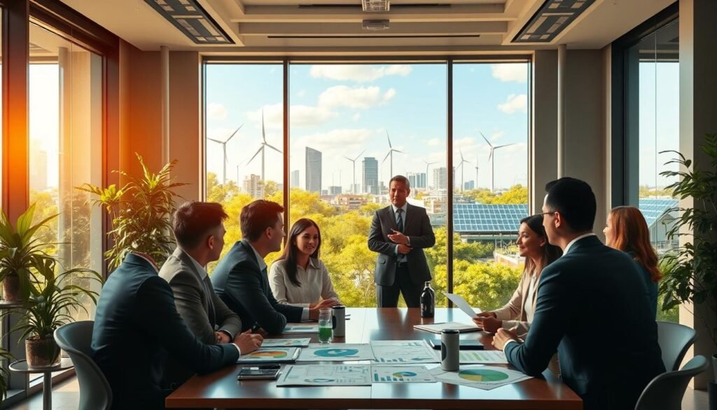 A modern, professional meeting scene set in a bright, eco-friendly conference room. In the foreground, a diverse group of business professionals in professional attire, engaged in discussion, surrounded by charts and graphs showcasing green strategies and partnerships. In the middle ground, a large window reveals a lush cityscape with greenery, solar panels, and wind turbines, symbolizing a commitment to sustainable development. The atmosphere is collaborative and optimistic, with warm, natural lighting illuminating the space, creating a sense of innovation and hope. The camera angle is slightly elevated, capturing both the participants and the vibrant environmental backdrop, emphasizing the theme of modern governance and green transition. A modern, professional meeting scene set in a bright, eco-friendly conference room. In the foreground, a diverse group of business professionals in professional attire, engaged in discussion, surrounded by charts and graphs showcasing green strategies and partnerships. In the middle ground, a large window reveals a lush cityscape with greenery, solar panels, and wind turbines, symbolizing a commitment to sustainable development. The atmosphere is collaborative and optimistic, with warm, natural lighting illuminating the space, creating a sense of innovation and hope. The camera angle is slightly elevated, capturing both the participants and the vibrant environmental backdrop, emphasizing the theme of modern governance and green transition.
