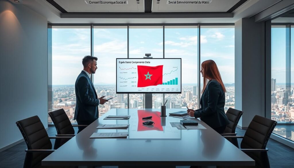 A modern, professional office setting representing the "Conseil Économique Social et Environnemental du Maroc". In the foreground, a diverse group of three individuals dressed in professional business attire, engaged in a discussion over a sleek conference table filled with documents and digital devices. The middle of the scene features a large screen displaying key economic data and graphs relevant to Morocco's economy, with the Moroccan flag subtly integrated in the design. In the background, floor-to-ceiling windows reveal a panoramic view of a Moroccan city skyline under a clear blue sky, with soft, natural lighting creating an inviting atmosphere. The mood is one of collaboration, insight, and professionalism, conveying a sense of purpose and urgency in addressing economic and social issues. A modern, professional office setting representing the "Conseil Économique Social et Environnemental du Maroc". In the foreground, a diverse group of three individuals dressed in professional business attire, engaged in a discussion over a sleek conference table filled with documents and digital devices. The middle of the scene features a large screen displaying key economic data and graphs relevant to Morocco's economy, with the Moroccan flag subtly integrated in the design. In the background, floor-to-ceiling windows reveal a panoramic view of a Moroccan city skyline under a clear blue sky, with soft, natural lighting creating an inviting atmosphere. The mood is one of collaboration, insight, and professionalism, conveying a sense of purpose and urgency in addressing economic and social issues.