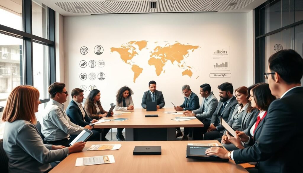 A modern, professional office setting showcasing the "Council for Human Rights" in action. In the foreground, a diverse group of individuals in business attire are engaged in a discussion around a large conference table, displaying documents and digital tablets. The middle ground features a large wall adorned with symbols of human rights, along with a world map highlighting various regions. The background includes large windows letting in soft, natural light, creating a warm and inviting atmosphere. The mood is one of collaboration and dedication to human rights advocacy. The camera angle is slightly elevated, capturing the dynamic interaction within the council, emphasizing their mission and powers in the protection of human rights. A modern, professional office setting showcasing the "Council for Human Rights" in action. In the foreground, a diverse group of individuals in business attire are engaged in a discussion around a large conference table, displaying documents and digital tablets. The middle ground features a large wall adorned with symbols of human rights, along with a world map highlighting various regions. The background includes large windows letting in soft, natural light, creating a warm and inviting atmosphere. The mood is one of collaboration and dedication to human rights advocacy. The camera angle is slightly elevated, capturing the dynamic interaction within the council, emphasizing their mission and powers in the protection of human rights.