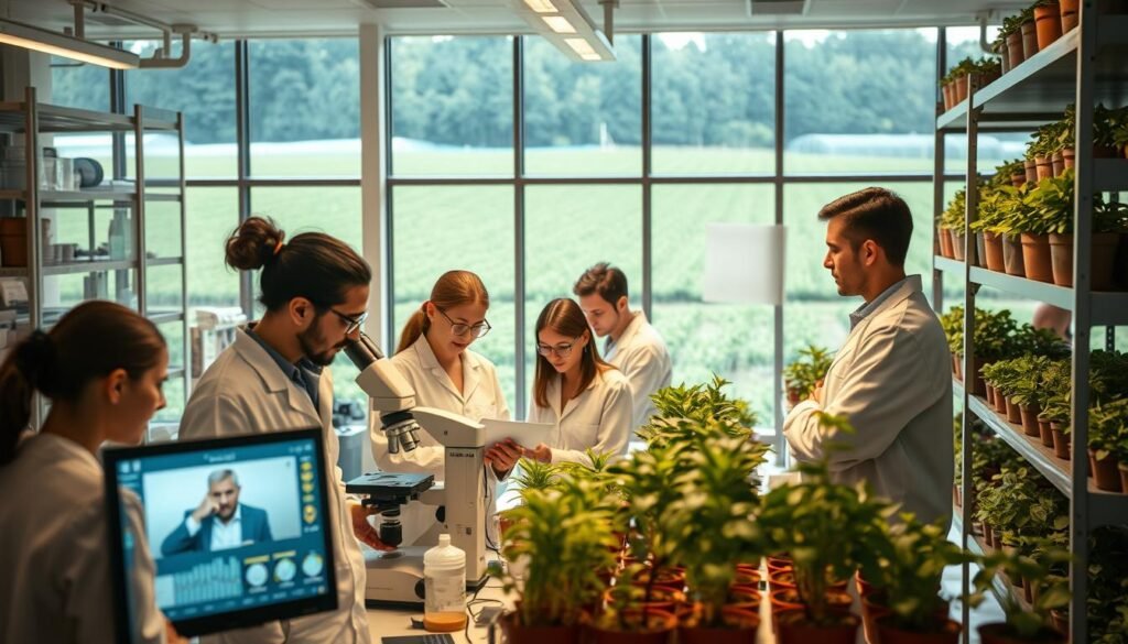 A modern research center focused on agronomic and veterinary innovation, showcasing a vibrant laboratory setting. In the foreground, a diverse team of scientists in professional attire examines agricultural samples and veterinary technologies, collaborating around a high-tech microscope and digital screens displaying data. The middle ground features shelves filled with cutting-edge agricultural equipment, alongside potted plants illustrating successful plant growth experiments. In the background, large windows illuminate the room with natural light, casting a warm ambiance. The exterior view displays a lush green landscape, symbolizing sustainable farming practices. Soft, warm lighting enhances the atmosphere of innovation and collaboration, capturing the essence of research and advancement in the agricultural and veterinary fields. A modern research center focused on agronomic and veterinary innovation, showcasing a vibrant laboratory setting. In the foreground, a diverse team of scientists in professional attire examines agricultural samples and veterinary technologies, collaborating around a high-tech microscope and digital screens displaying data. The middle ground features shelves filled with cutting-edge agricultural equipment, alongside potted plants illustrating successful plant growth experiments. In the background, large windows illuminate the room with natural light, casting a warm ambiance. The exterior view displays a lush green landscape, symbolizing sustainable farming practices. Soft, warm lighting enhances the atmosphere of innovation and collaboration, capturing the essence of research and advancement in the agricultural and veterinary fields.