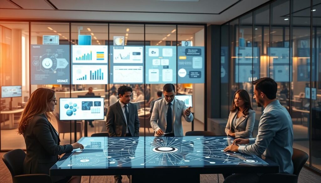 A modern, sophisticated office environment showcasing a network of strategic partnerships and subsidiaries. In the foreground, a diverse group of professionals in business attire is engaged in discussion around a digital table displaying a complex visual map of connections and partnerships. The middle ground features large screens showcasing graphs, charts, and flow diagrams illustrating strategic networks and collaborations, with a transparent glass wall revealing office buildings bustling with activity in the background. Soft, ambient lighting casts a warm glow, enhancing the atmosphere of innovation and collaboration. The overall mood is dynamic and forward-thinking, emphasizing synergy and professional growth within a corporate setting. A modern, sophisticated office environment showcasing a network of strategic partnerships and subsidiaries. In the foreground, a diverse group of professionals in business attire is engaged in discussion around a digital table displaying a complex visual map of connections and partnerships. The middle ground features large screens showcasing graphs, charts, and flow diagrams illustrating strategic networks and collaborations, with a transparent glass wall revealing office buildings bustling with activity in the background. Soft, ambient lighting casts a warm glow, enhancing the atmosphere of innovation and collaboration. The overall mood is dynamic and forward-thinking, emphasizing synergy and professional growth within a corporate setting.