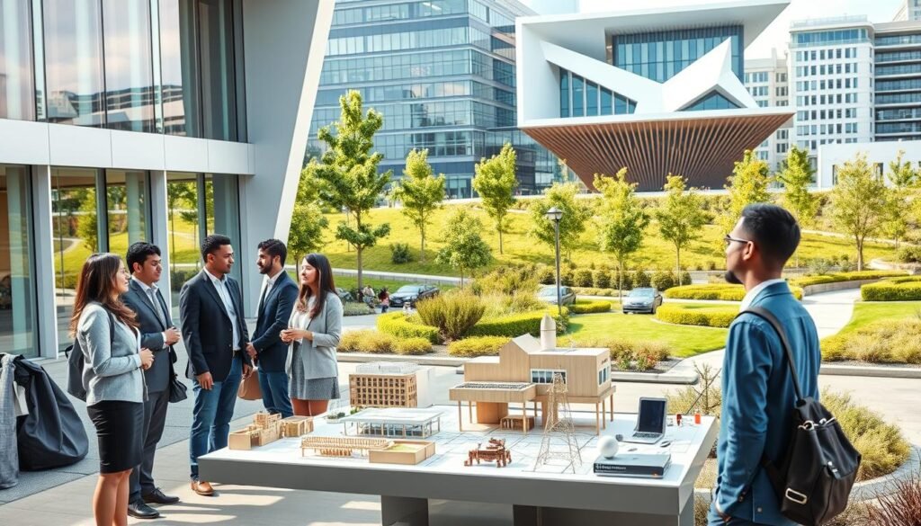 A modern university campus setting showcasing "Engineering and Architecture Academic Programs". In the foreground, diverse students in professional attire engage in discussions by a sleek, contemporary building with large windows, symbolizing collaboration and innovation. In the middle ground, there's a vibrant classroom filled with architectural models, blueprints, and high-tech equipment, reflecting hands-on learning. The background features green landscaping and striking architecture, highlighting the blend of nature and modern design. Soft, natural lighting illuminates the scene, creating an inviting atmosphere for education. The image should evoke a sense of ambition and creativity within the academic environment, with a focus on architecture and engineering disciplines. A modern university campus setting showcasing "Engineering and Architecture Academic Programs". In the foreground, diverse students in professional attire engage in discussions by a sleek, contemporary building with large windows, symbolizing collaboration and innovation. In the middle ground, there's a vibrant classroom filled with architectural models, blueprints, and high-tech equipment, reflecting hands-on learning. The background features green landscaping and striking architecture, highlighting the blend of nature and modern design. Soft, natural lighting illuminates the scene, creating an inviting atmosphere for education. The image should evoke a sense of ambition and creativity within the academic environment, with a focus on architecture and engineering disciplines.