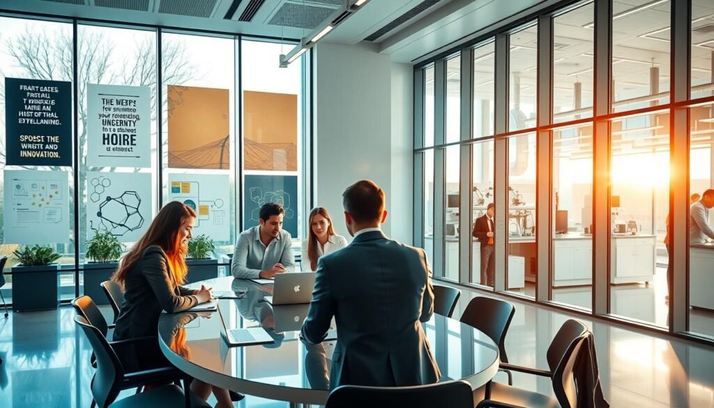 A modern university setting showcasing a collaborative atmosphere for applied research. In the foreground, a diverse group of professionals in business attire engage in a brainstorming session around a high-tech conference table, surrounded by laptops and visual aids. In the middle ground, large glass windows admit warm, natural light, illuminating a sleek, minimalist learning space adorned with inspirational posters related to scientific discovery and innovation. The background features a state-of-the-art research lab, where advanced equipment and students work on practical projects, enhancing the theme of applied knowledge. The overall mood is dynamic and forward-thinking, emphasizing the importance of education and research in shaping the future. The angle captures both the activity within the learning space and the serene outdoor environment beyond the glass, blending academia with nature. A modern university setting showcasing a collaborative atmosphere for applied research. In the foreground, a diverse group of professionals in business attire engage in a brainstorming session around a high-tech conference table, surrounded by laptops and visual aids. In the middle ground, large glass windows admit warm, natural light, illuminating a sleek, minimalist learning space adorned with inspirational posters related to scientific discovery and innovation. The background features a state-of-the-art research lab, where advanced equipment and students work on practical projects, enhancing the theme of applied knowledge. The overall mood is dynamic and forward-thinking, emphasizing the importance of education and research in shaping the future. The angle captures both the activity within the learning space and the serene outdoor environment beyond the glass, blending academia with nature.