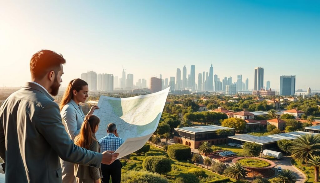 A modern urban landscape depicting the themes of land conservation and modernization in Morocco. In the foreground, a diverse group of professionals in business attire is discussing plans around a large, detailed map, symbolizing land management. In the middle, green parks and sustainable buildings blend harmoniously, showcasing environmentally-friendly architecture, solar panels, and greenery integrated into urban design. The background features the silhouette of a city skyline with contemporary high-rises and traditional Moroccan elements, contrasting the old with the new. Soft, warm lighting casts a welcoming and optimistic atmosphere, while a clear blue sky adds to the sense of progress and innovation. The composition focuses on collaboration and forward-thinking in land conservation efforts. A modern urban landscape depicting the themes of land conservation and modernization in Morocco. In the foreground, a diverse group of professionals in business attire is discussing plans around a large, detailed map, symbolizing land management. In the middle, green parks and sustainable buildings blend harmoniously, showcasing environmentally-friendly architecture, solar panels, and greenery integrated into urban design. The background features the silhouette of a city skyline with contemporary high-rises and traditional Moroccan elements, contrasting the old with the new. Soft, warm lighting casts a welcoming and optimistic atmosphere, while a clear blue sky adds to the sense of progress and innovation. The composition focuses on collaboration and forward-thinking in land conservation efforts.