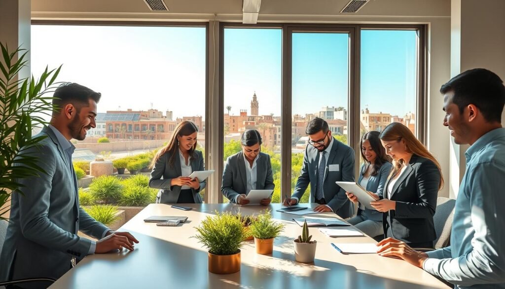 A modern, vibrant office environment in Morocco, showcasing businesses focused on sustainability and competitiveness. In the foreground, a diverse group of professionals in business attire collaborates around a conference table, examining eco-friendly reports and digital tablets. In the middle ground, large windows reveal a lush green terrace with solar panels and plants, symbolizing an eco-conscious workspace. The background features a skyline of modern Moroccan architecture, blending traditional and contemporary styles, under a bright blue sky. The lighting is bright and natural, casting soft shadows, creating an inspiring and optimistic atmosphere. The overall mood conveys innovation, collaboration, and an emphasis on sustainable business practices. A modern, vibrant office environment in Morocco, showcasing businesses focused on sustainability and competitiveness. In the foreground, a diverse group of professionals in business attire collaborates around a conference table, examining eco-friendly reports and digital tablets. In the middle ground, large windows reveal a lush green terrace with solar panels and plants, symbolizing an eco-conscious workspace. The background features a skyline of modern Moroccan architecture, blending traditional and contemporary styles, under a bright blue sky. The lighting is bright and natural, casting soft shadows, creating an inspiring and optimistic atmosphere. The overall mood conveys innovation, collaboration, and an emphasis on sustainable business practices.