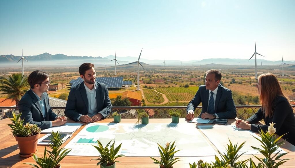 A panoramic view of Morocco's diverse landscape, showcasing a blend of modern and traditional architecture symbolizing sustainable development. In the foreground, professional individuals in business attire engage in a strategic meeting around a table adorned with green plants, charts, and maps highlighting the national sustainable development strategy. In the middle ground, solar panels and wind turbines are integrated into a picturesque backdrop of the Atlas Mountains and blooming fields. The background features a clear blue sky, gentle sunlight cascading over the landscape, creating a warm, optimistic atmosphere. This image should convey a sense of progress, responsibility, and collaboration towards a sustainable future without any text or overlays. A panoramic view of Morocco's diverse landscape, showcasing a blend of modern and traditional architecture symbolizing sustainable development. In the foreground, professional individuals in business attire engage in a strategic meeting around a table adorned with green plants, charts, and maps highlighting the national sustainable development strategy. In the middle ground, solar panels and wind turbines are integrated into a picturesque backdrop of the Atlas Mountains and blooming fields. The background features a clear blue sky, gentle sunlight cascading over the landscape, creating a warm, optimistic atmosphere. This image should convey a sense of progress, responsibility, and collaboration towards a sustainable future without any text or overlays.