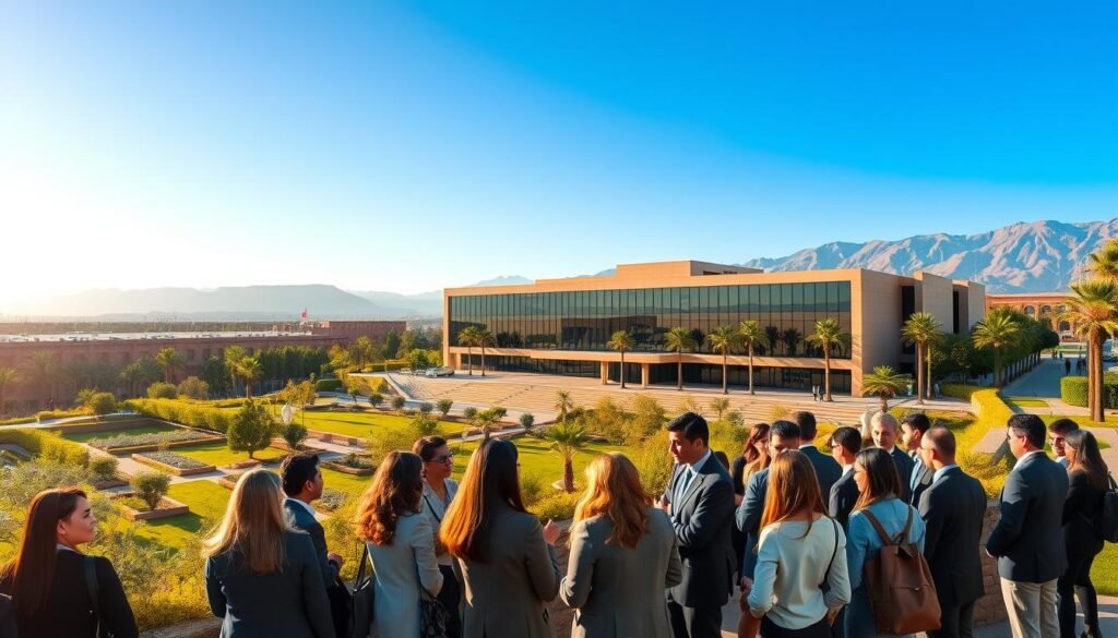 A panoramic view of Université Sidi Mohamed Ben Abdellah, showcasing its modern architecture and lush campus greenery. In the foreground, students of diverse backgrounds are engaged in discussion, dressed in professional business attire, exuding a sense of collaboration and academic spirit. The middle ground features the university's impressive main building, with large windows reflecting the sunlight, surrounded by landscaped gardens. In the background, the distant outline of the Moroccan Atlas Mountains creates a majestic backdrop under a clear blue sky. Golden hour lighting bathes the scene in a warm, inviting glow, enhancing the atmosphere of learning and innovation. The overall mood is one of positivity, knowledge, and cultural richness, capturing the essence and mission of the university. A panoramic view of Université Sidi Mohamed Ben Abdellah, showcasing its modern architecture and lush campus greenery. In the foreground, students of diverse backgrounds are engaged in discussion, dressed in professional business attire, exuding a sense of collaboration and academic spirit. The middle ground features the university's impressive main building, with large windows reflecting the sunlight, surrounded by landscaped gardens. In the background, the distant outline of the Moroccan Atlas Mountains creates a majestic backdrop under a clear blue sky. Golden hour lighting bathes the scene in a warm, inviting glow, enhancing the atmosphere of learning and innovation. The overall mood is one of positivity, knowledge, and cultural richness, capturing the essence and mission of the university.