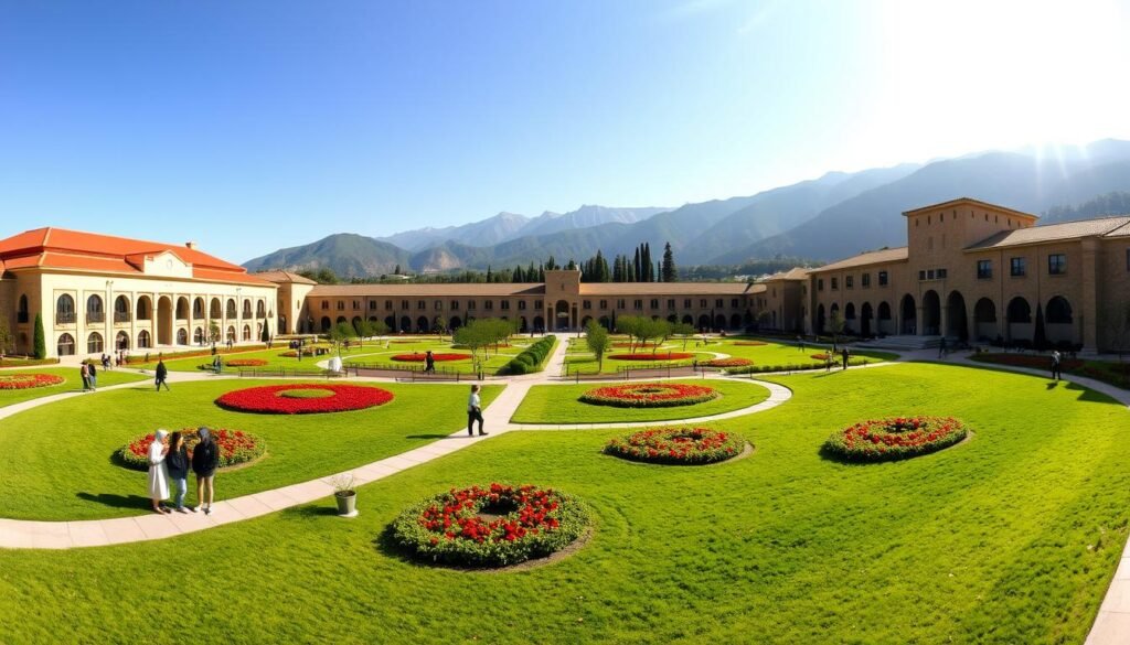 A panoramic view of the Al Akhawayn University campus in Ifrane, showcasing its stunning architecture inspired by both Moroccan and Swiss styles. In the foreground, lush green lawns are interspersed with vibrant flower beds, while pathways wind through the scenery, leading to elegant stone buildings with red-tiled roofs. The middle ground features students in modest casual clothing engaging in study and conversation, embodying a vibrant campus life. In the background, the majestic Atlas Mountains rise under a clear blue sky, with soft, warm sunlight casting gentle shadows. Use a wide-angle lens to capture the grandeur of the architecture and natural surroundings, evoking a tranquil and inspiring atmosphere, ideal for an academic setting. A panoramic view of the Al Akhawayn University campus in Ifrane, showcasing its stunning architecture inspired by both Moroccan and Swiss styles. In the foreground, lush green lawns are interspersed with vibrant flower beds, while pathways wind through the scenery, leading to elegant stone buildings with red-tiled roofs. The middle ground features students in modest casual clothing engaging in study and conversation, embodying a vibrant campus life. In the background, the majestic Atlas Mountains rise under a clear blue sky, with soft, warm sunlight casting gentle shadows. Use a wide-angle lens to capture the grandeur of the architecture and natural surroundings, evoking a tranquil and inspiring atmosphere, ideal for an academic setting.